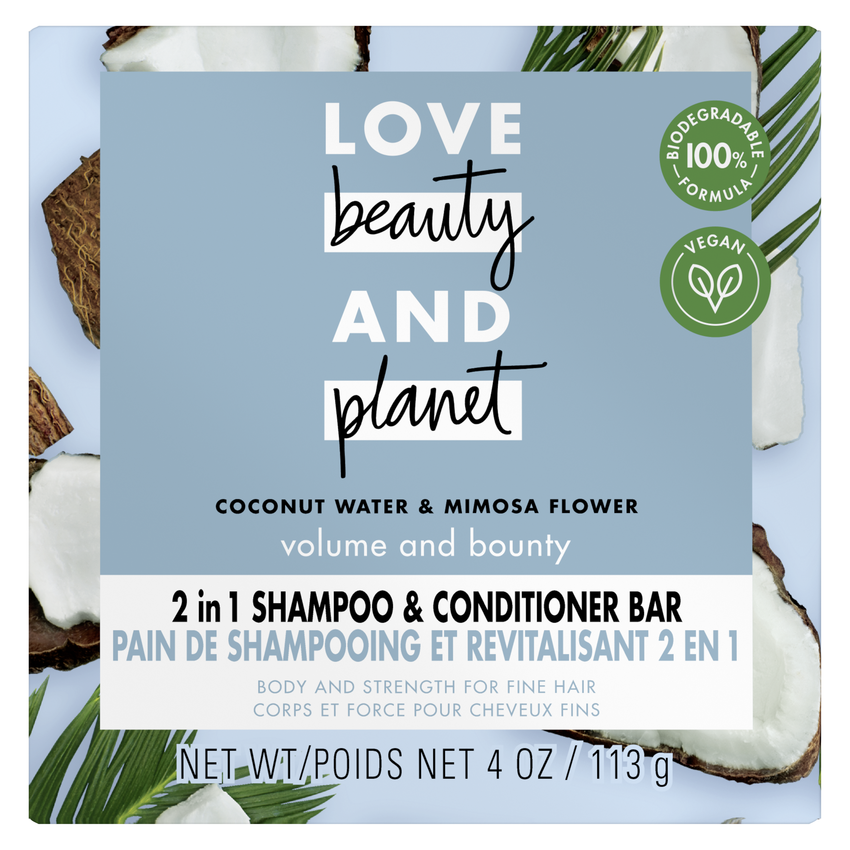 Front of shampoo bar pack Love Beauty Planet 2in1 Coconut Water & Mimosa Flower Shampoo Bar Voluma & Bounty 4oz
