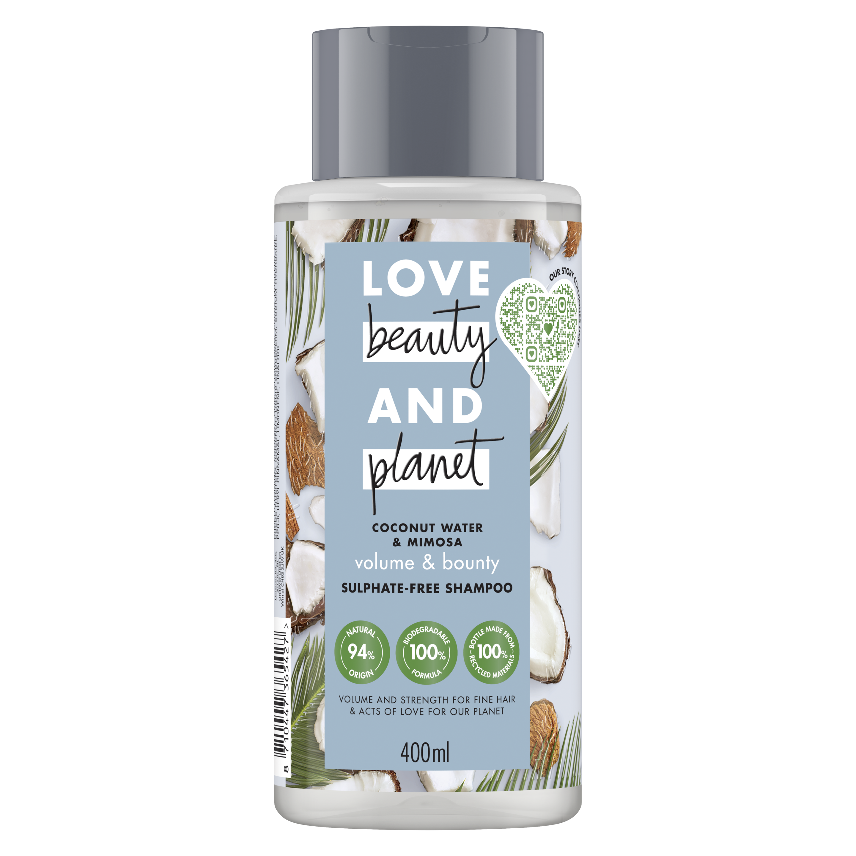 Voorkant shampooverpakking Love Beauty Planet kokoswater & mimosabloem shampoo  volume & veerkracht 400 ml