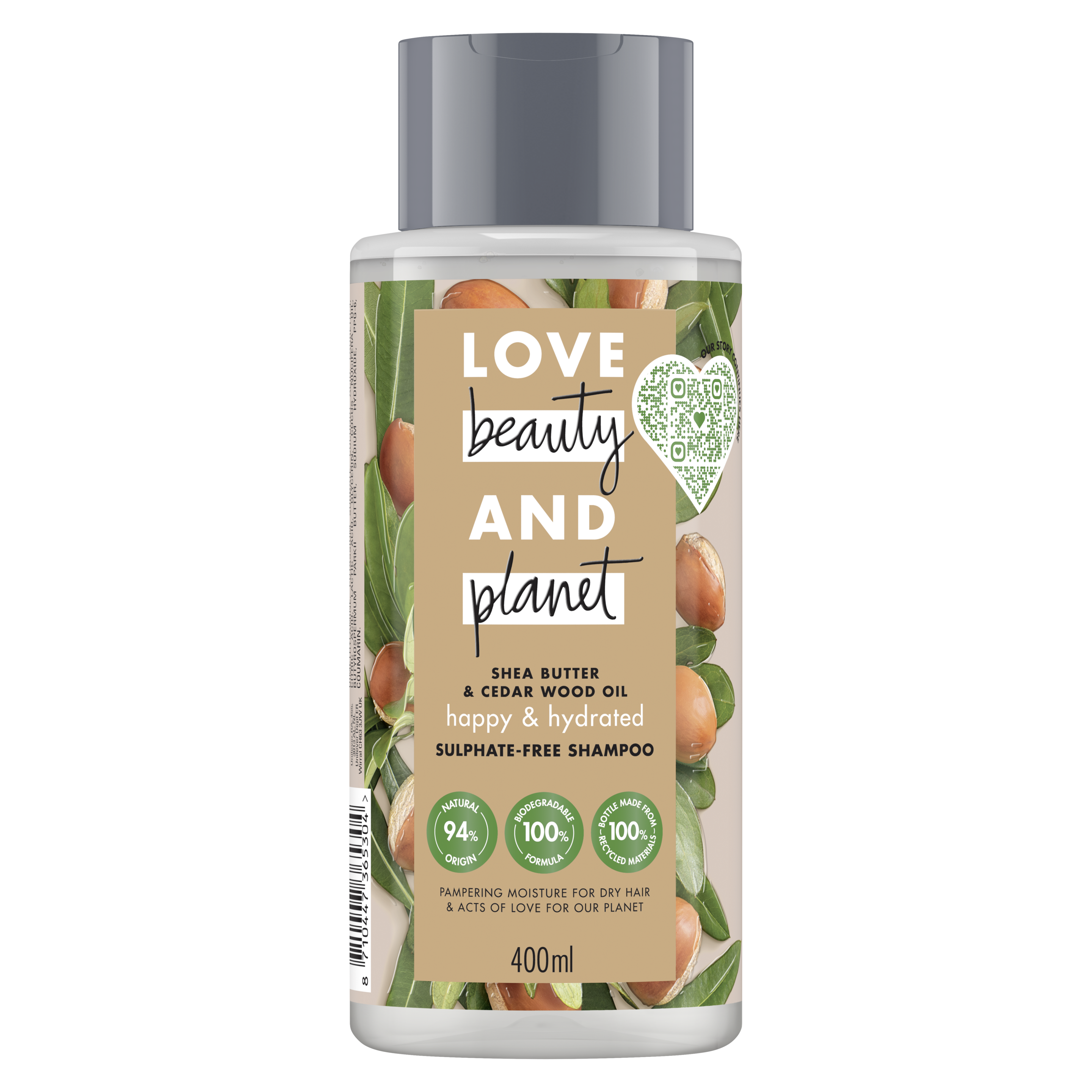 Voorkant shampooverpakking Love Beauty Planet sheaboter & sandelhout shampoo gelukkig & gehydrateerd 400 ml