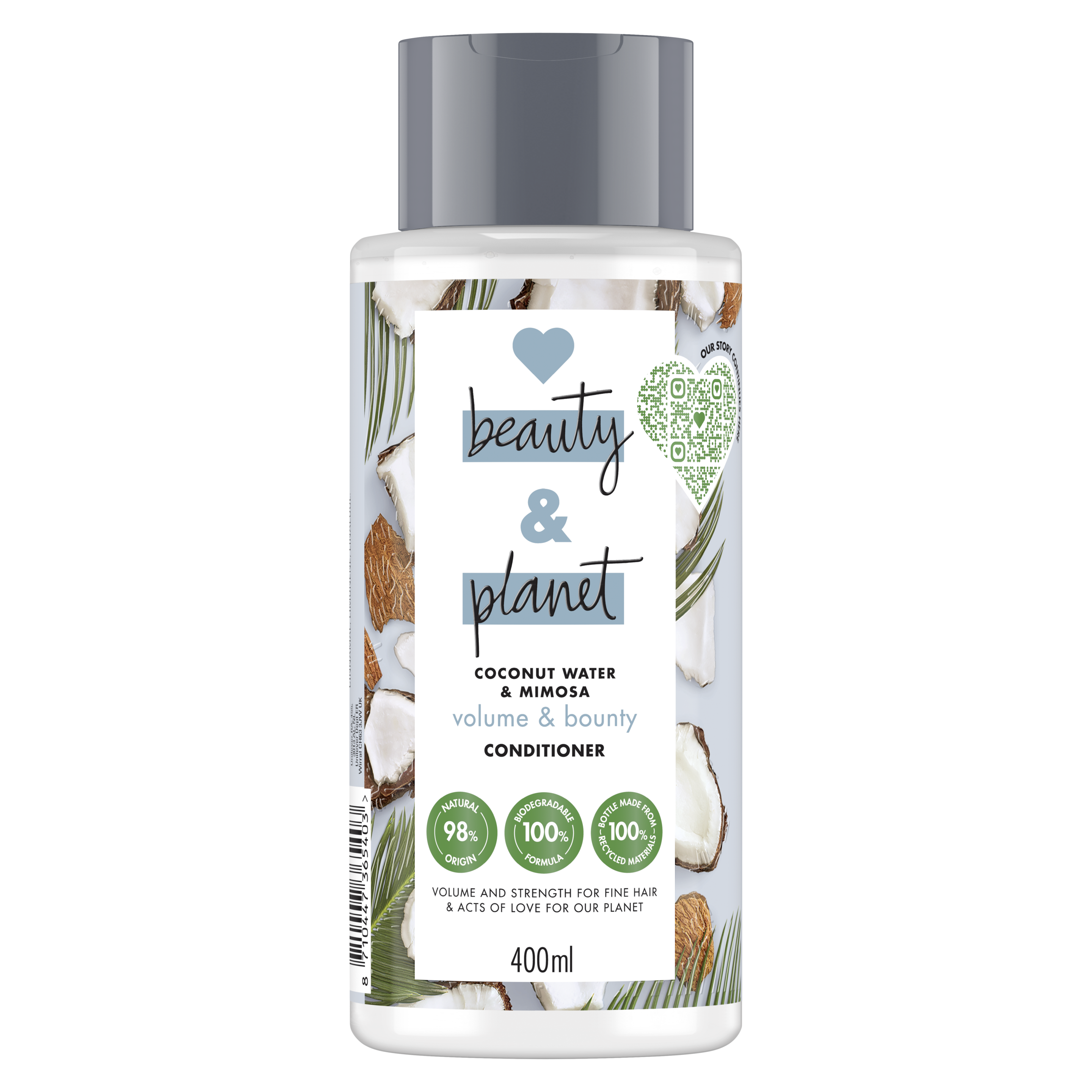 Voorkant conditionerverpakking Love Beauty Planet kokoswater & mimosabloem conditioner  volume & veerkracht 400 ml