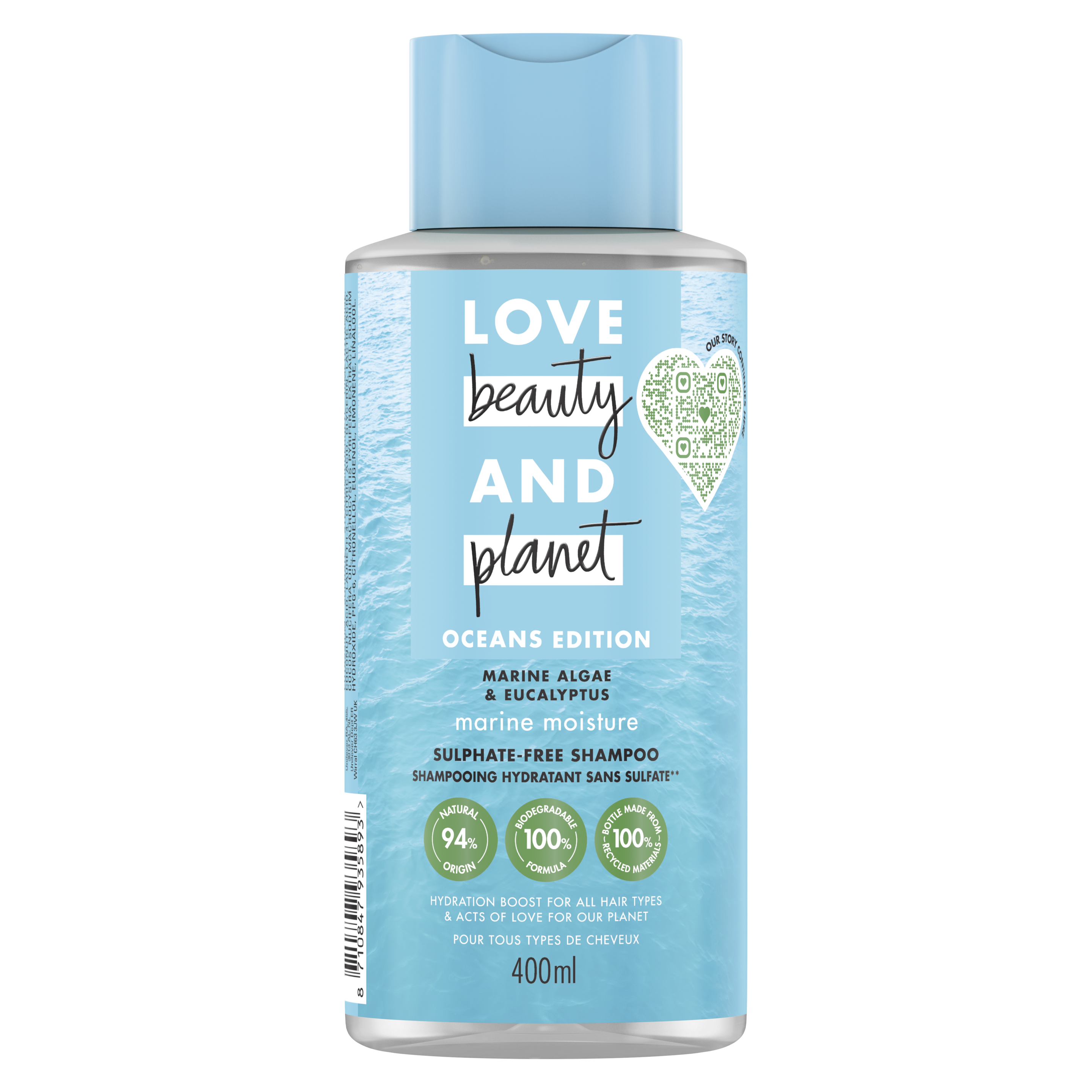 Voorkant verpakking shampoo Love Beauty and Planet Marine Algae & Eucalyptus Shampoo 400ml