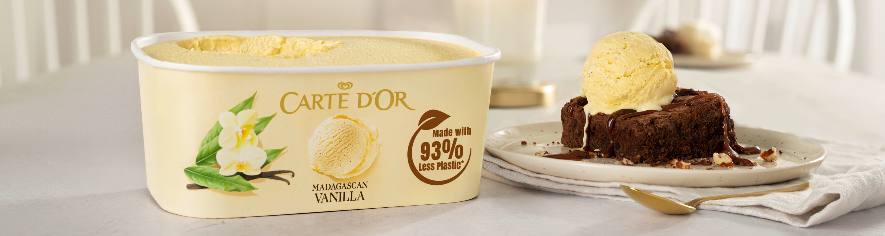 Carte d'or vanilla scoop ice cream  on a browny