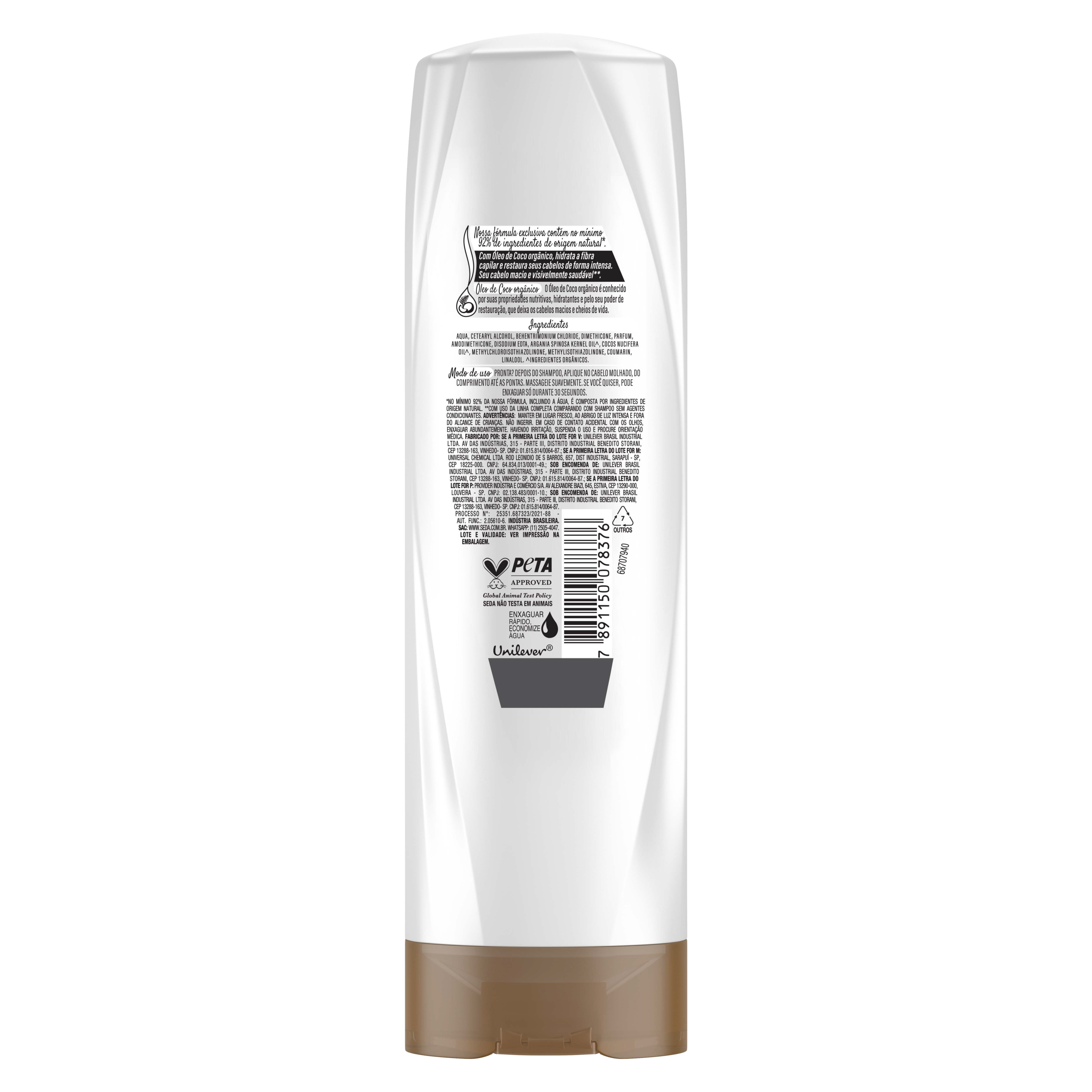 Uma imagem traseira da embalagem de Shampoo Seda Jóias da Natureza Coco Restauração 325ml