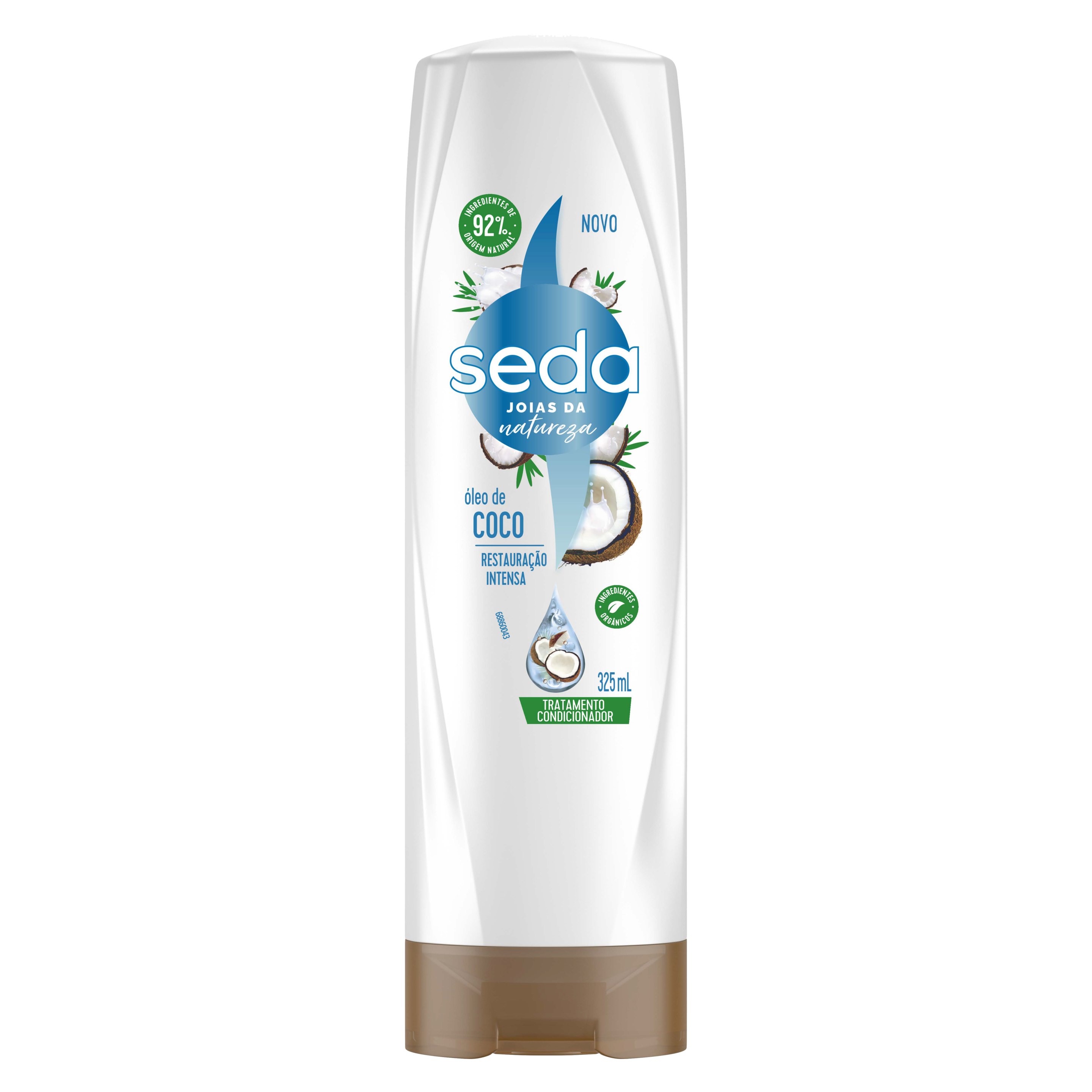 Uma imagem frontal da embalagem de Shampoo Seda Jóias da Natureza Coco Restauração 325ml