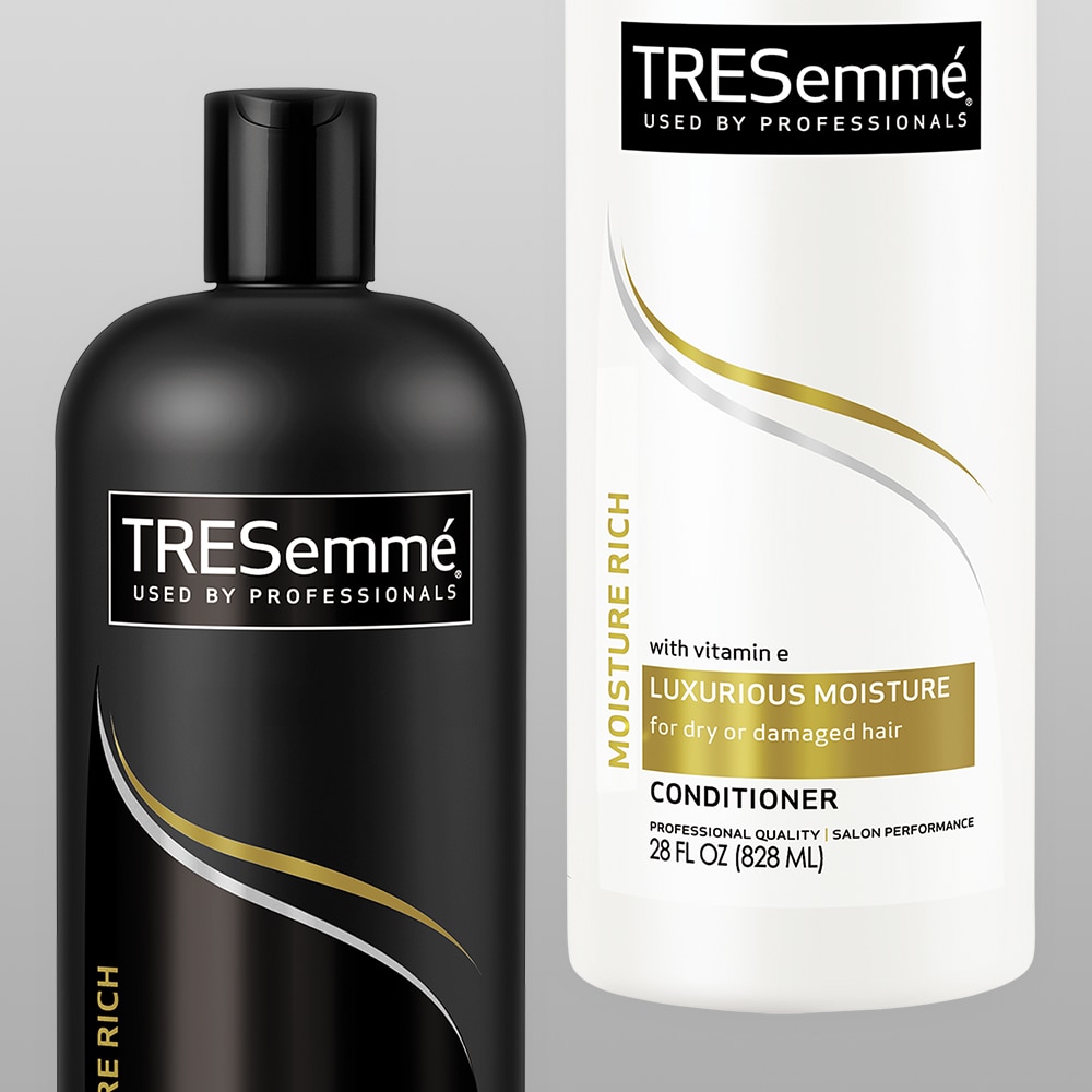 Product shot of TRESemmé Moisture Rich shampoo and conditioner