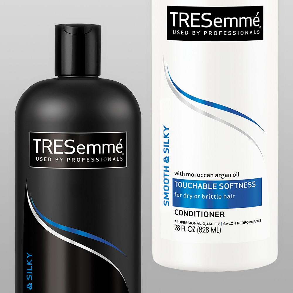 Product shot of the TRESemmé Smooth & Silky shampoo and conditioner
