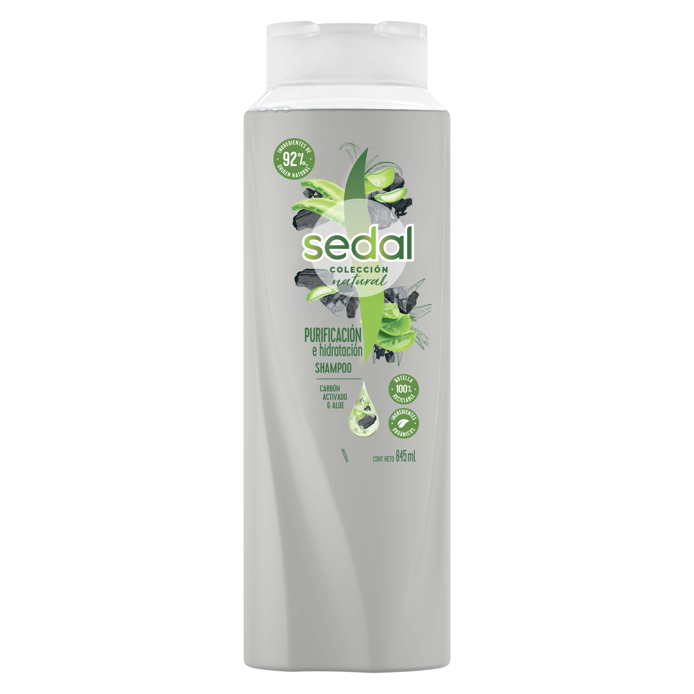 Imagen al frente del paquete Shampoo Sedal Purificación e Hidratación Carbón Activado y Aloe 845 ml