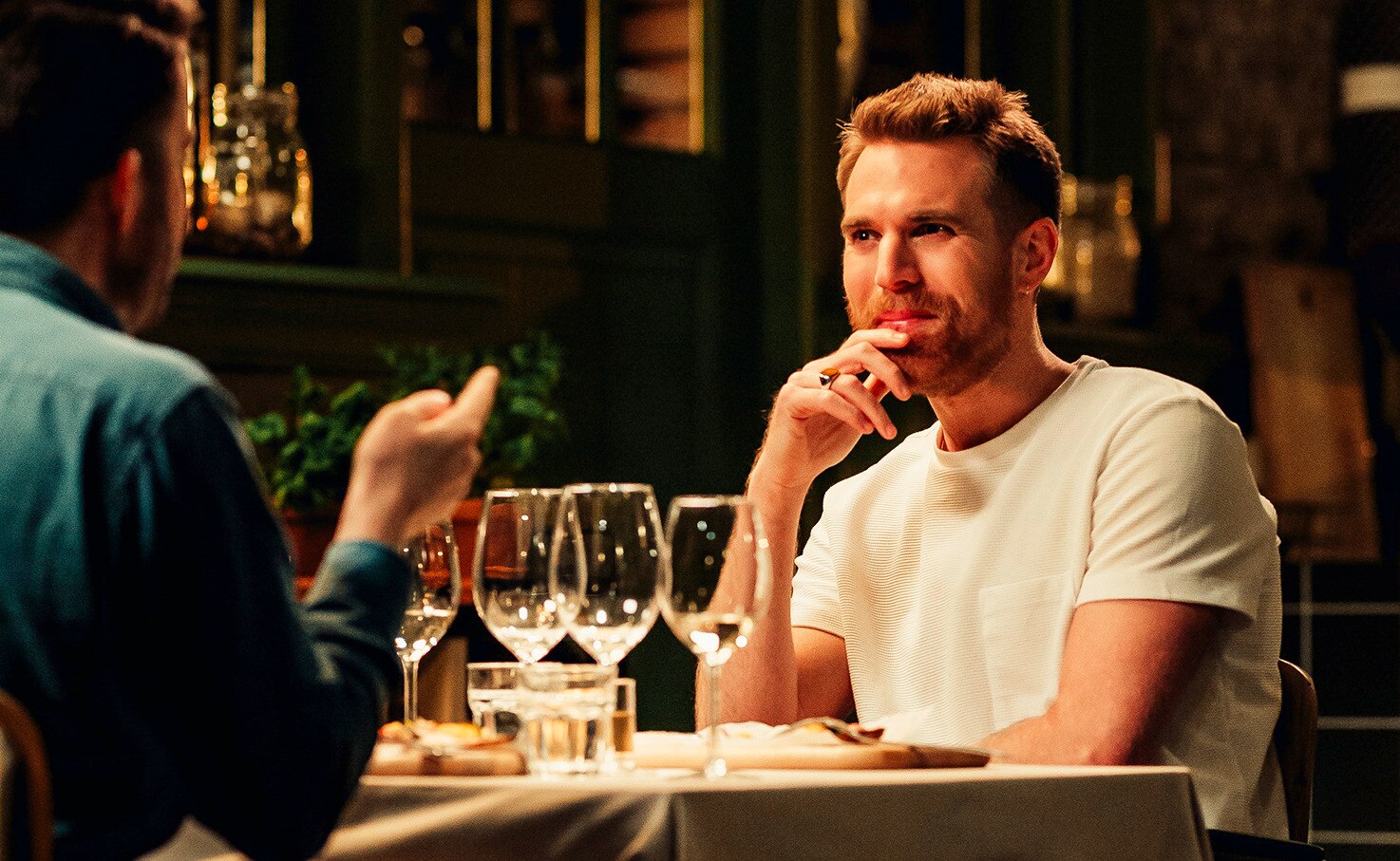 A couple at a dinner table on a date