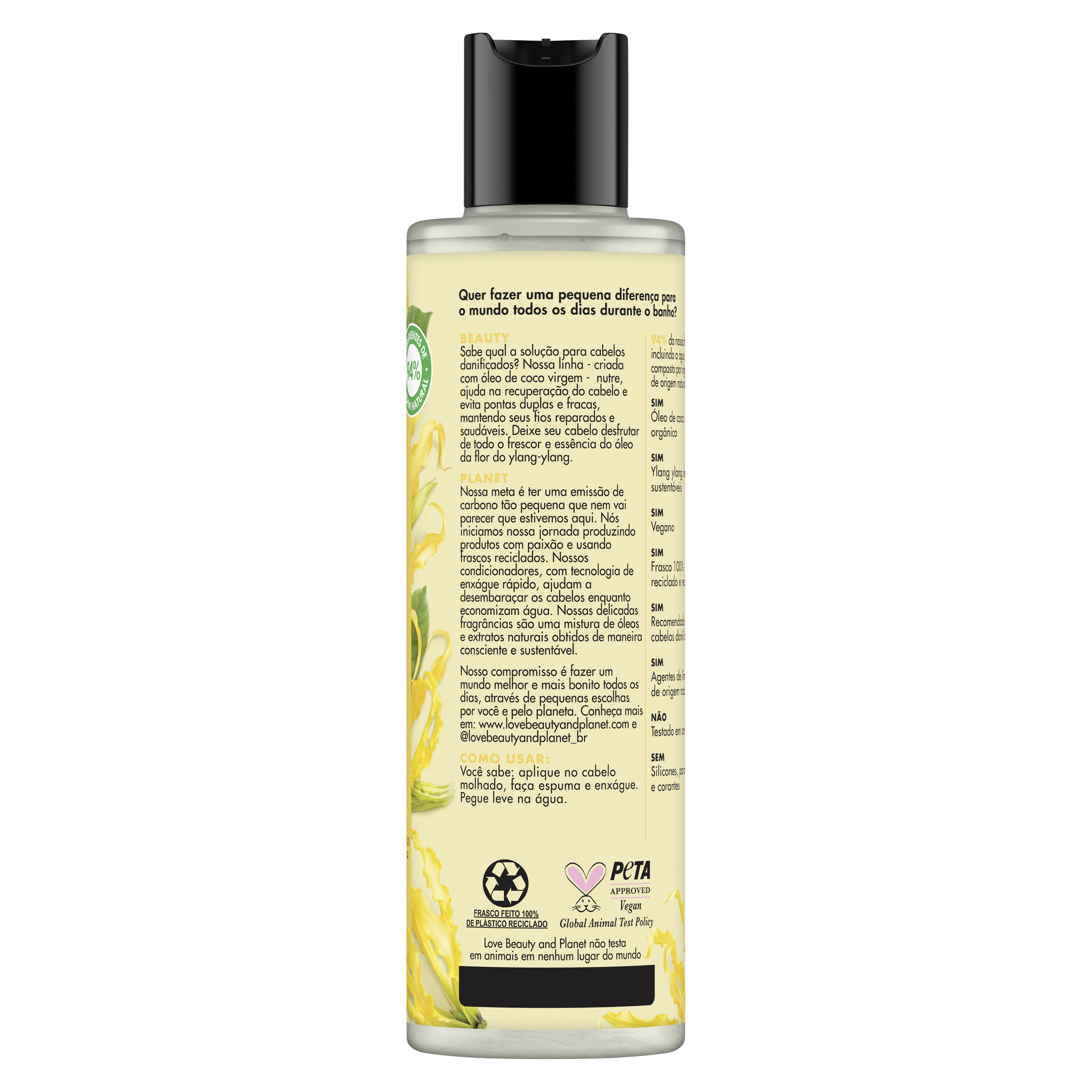Parte de trás de frasco de shampoo LBP no fundo branco