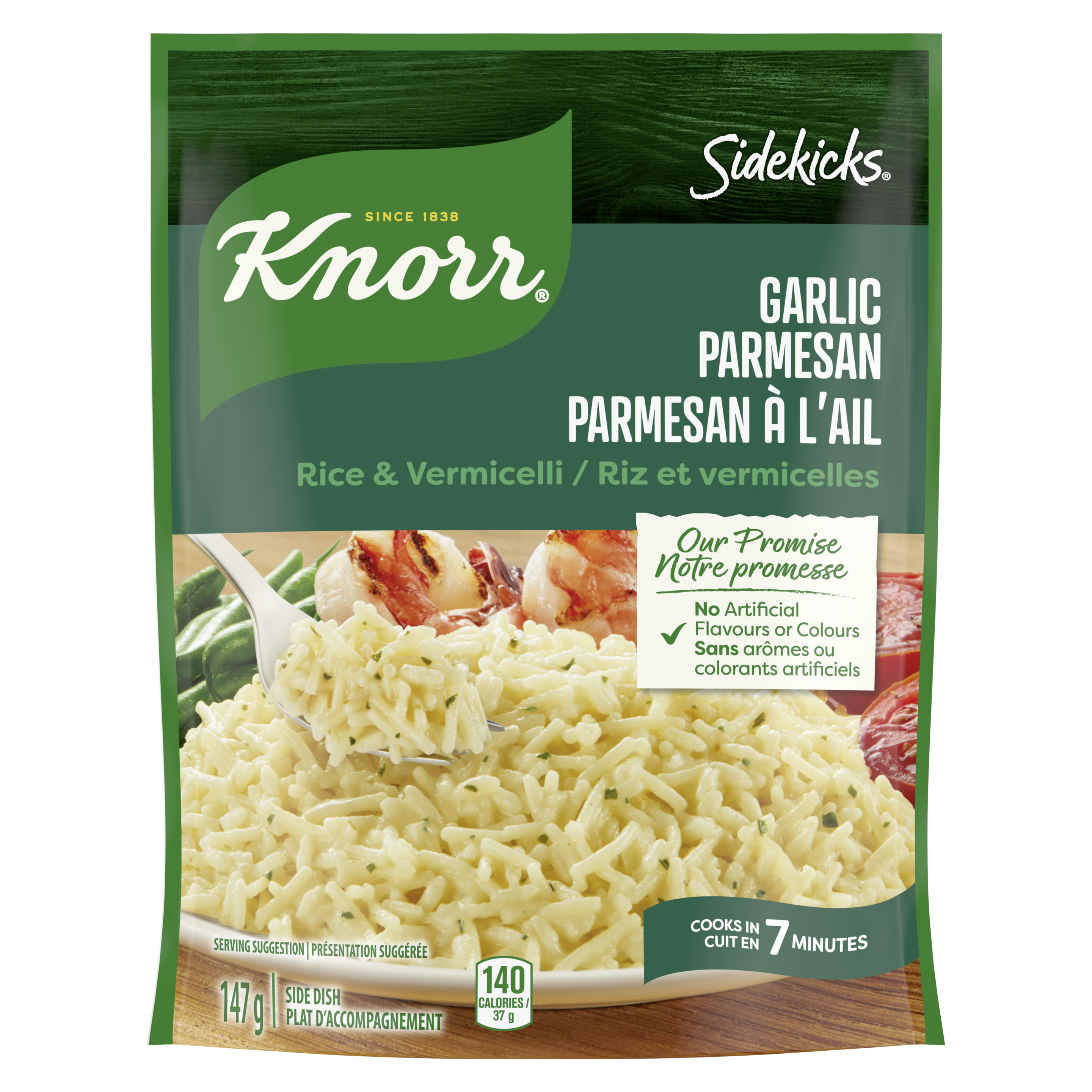 Plat d'accompagnement Riz et vermicelli Parmesan à l'ail Knorr® Sidekicks - étiquette de devant