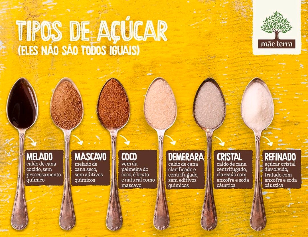 6 colheres cada com um tipo de açúcar