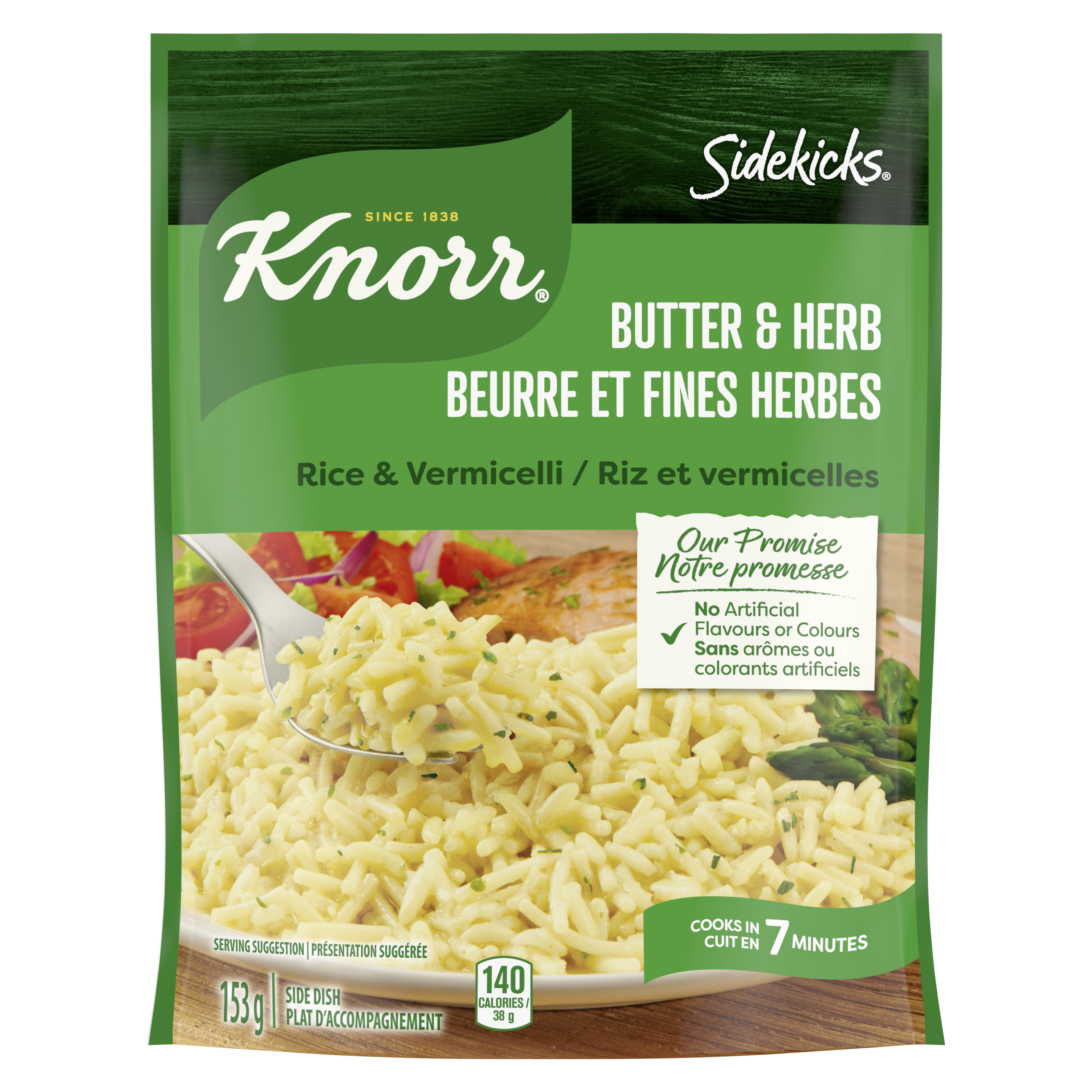 Plat d'accompagnement Riz et vermicelli Beurre et fines herbes Knorr® Sidekicks - étiquette de devant