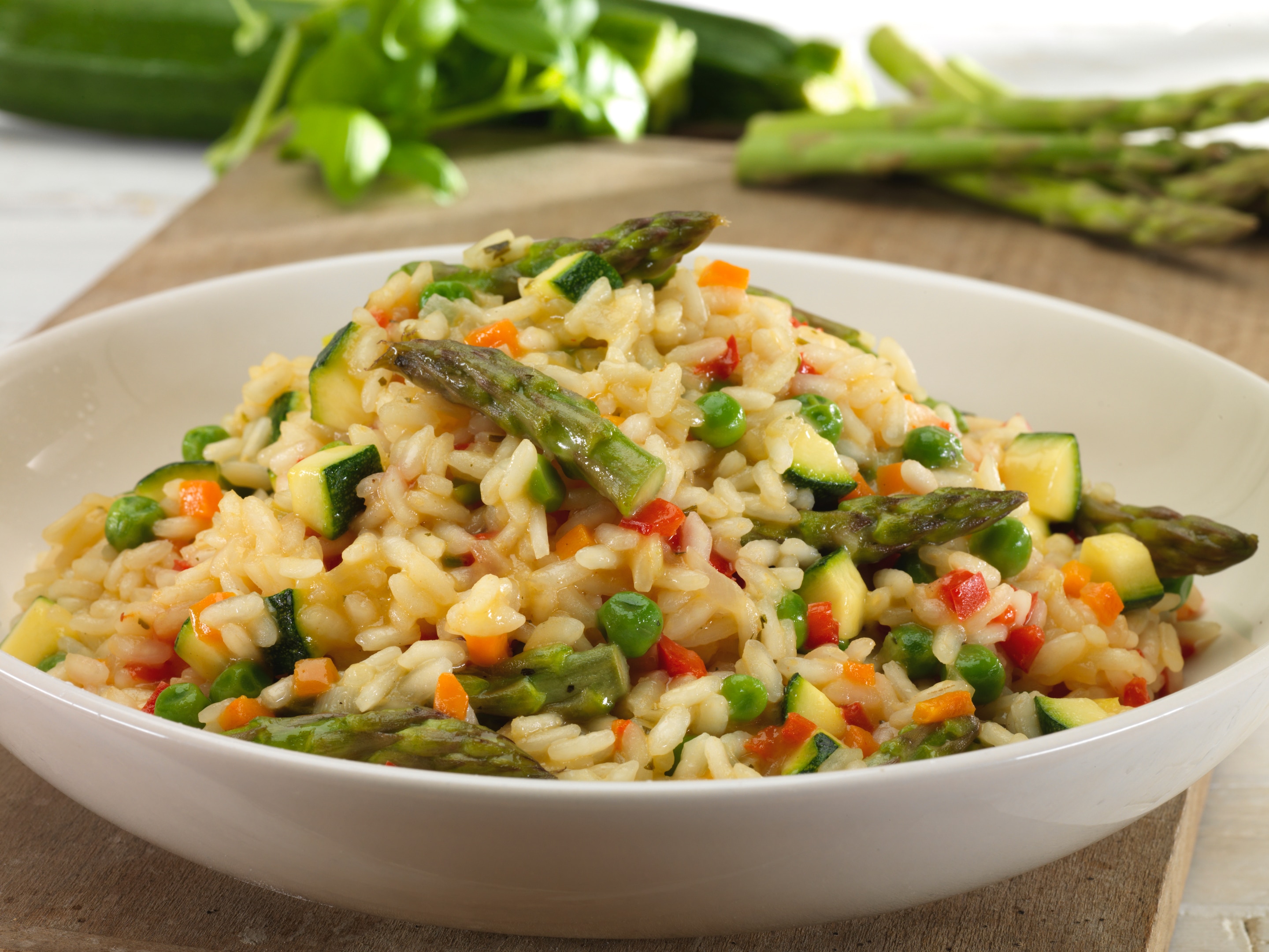 Spring vegetable risotto with asparagus and mixed vegetables
