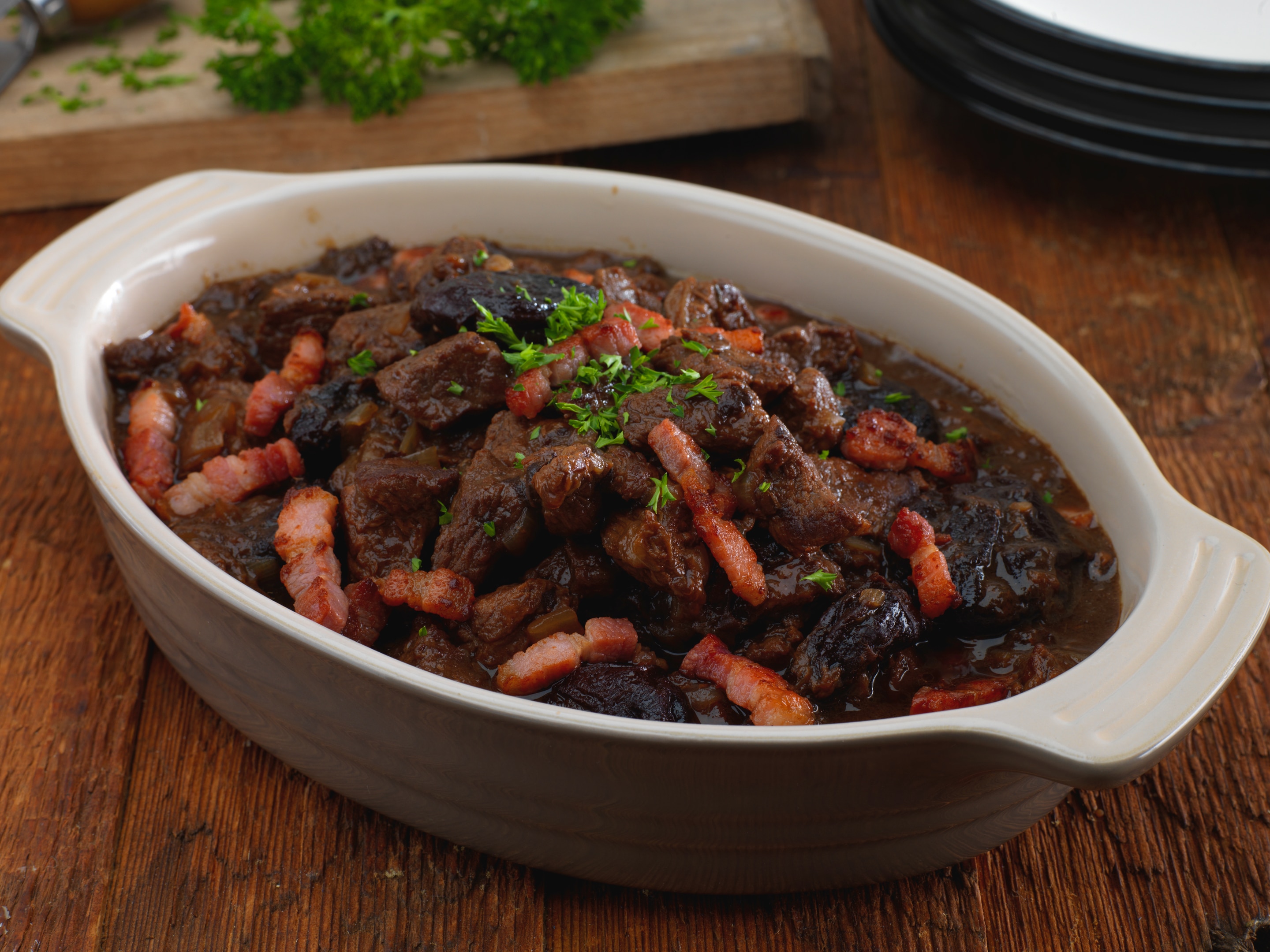 Beef and guinness stew with bacon and prunes