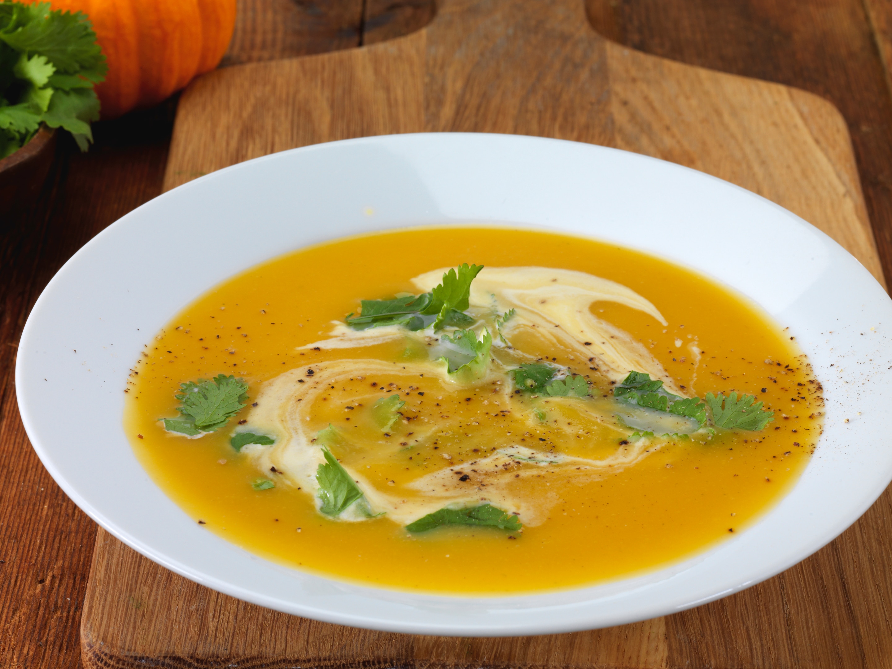 Fresh pumpkin soup with coriander and elmlea