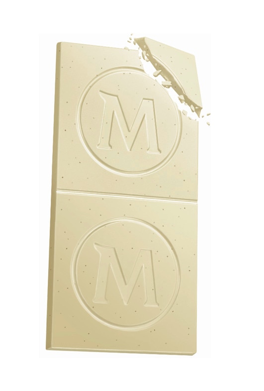 A bar of Magnum White Chocolate with the top corner broken off.