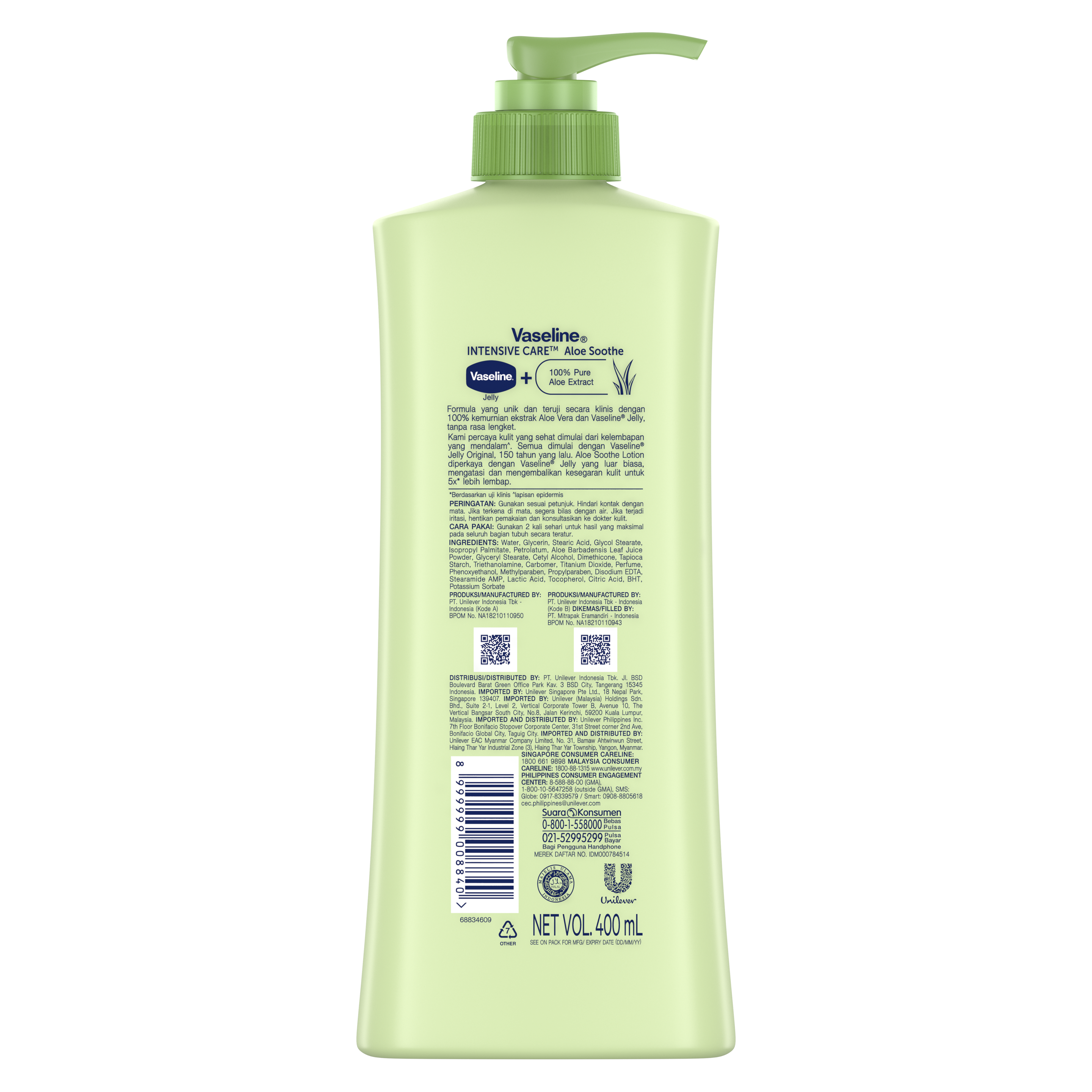 Vaseline® Intensive Care™ Aloe Soothe Lotion 400ml back of pack