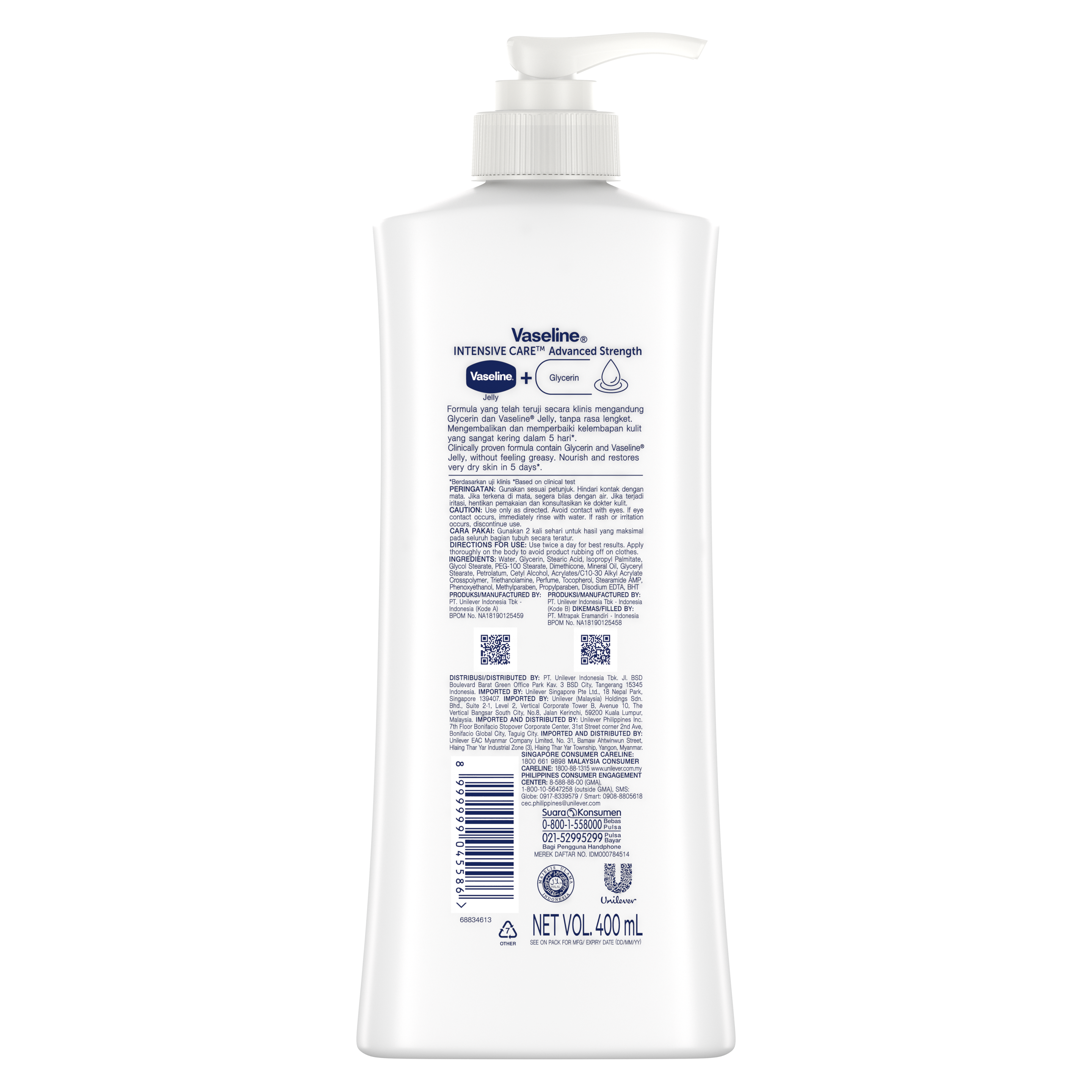 Vaseline® Intensive Care™ Advanced Strength Lotion 400ml back of pack