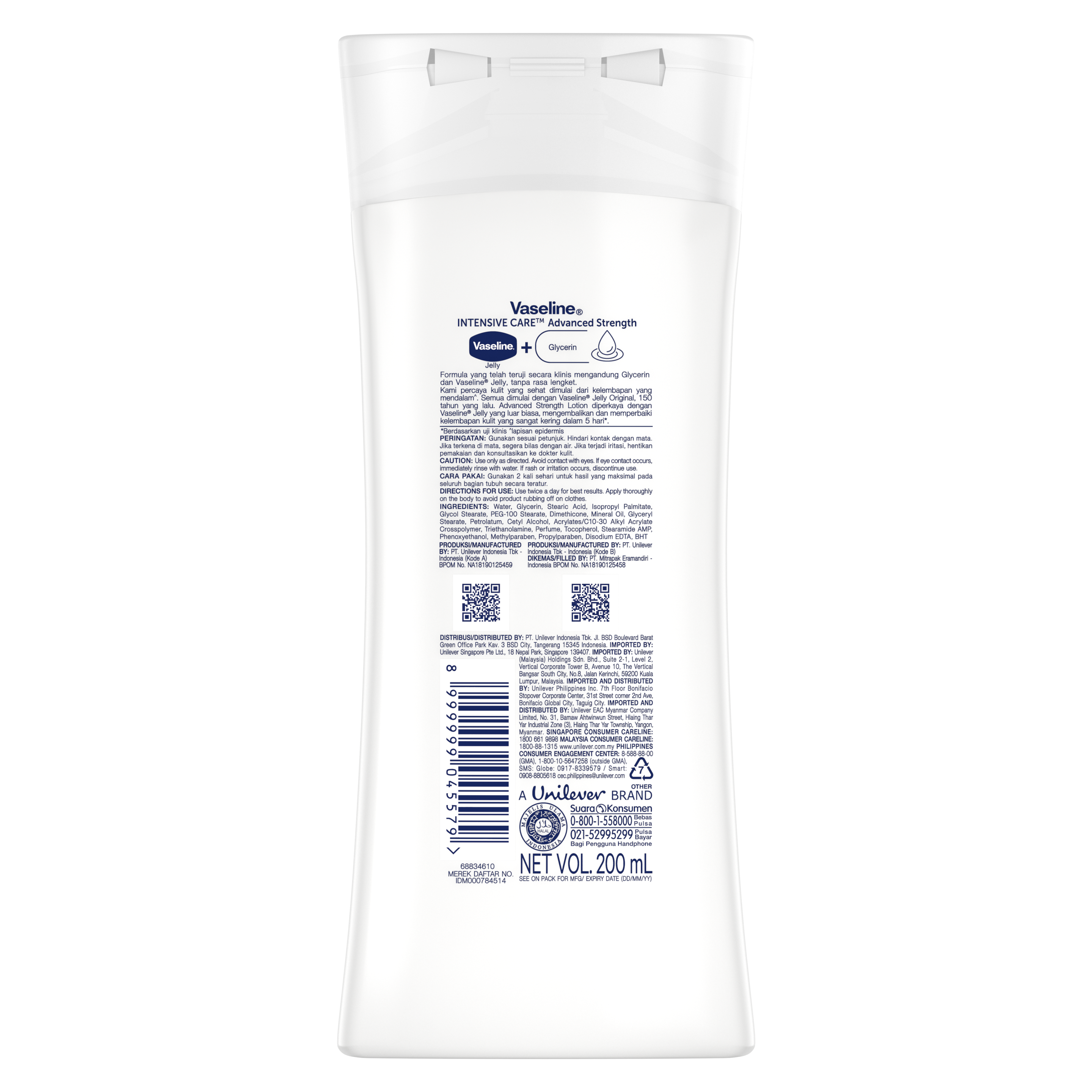Vaseline® Intensive Care™ Advanced Strength Lotion 200ml back of pack