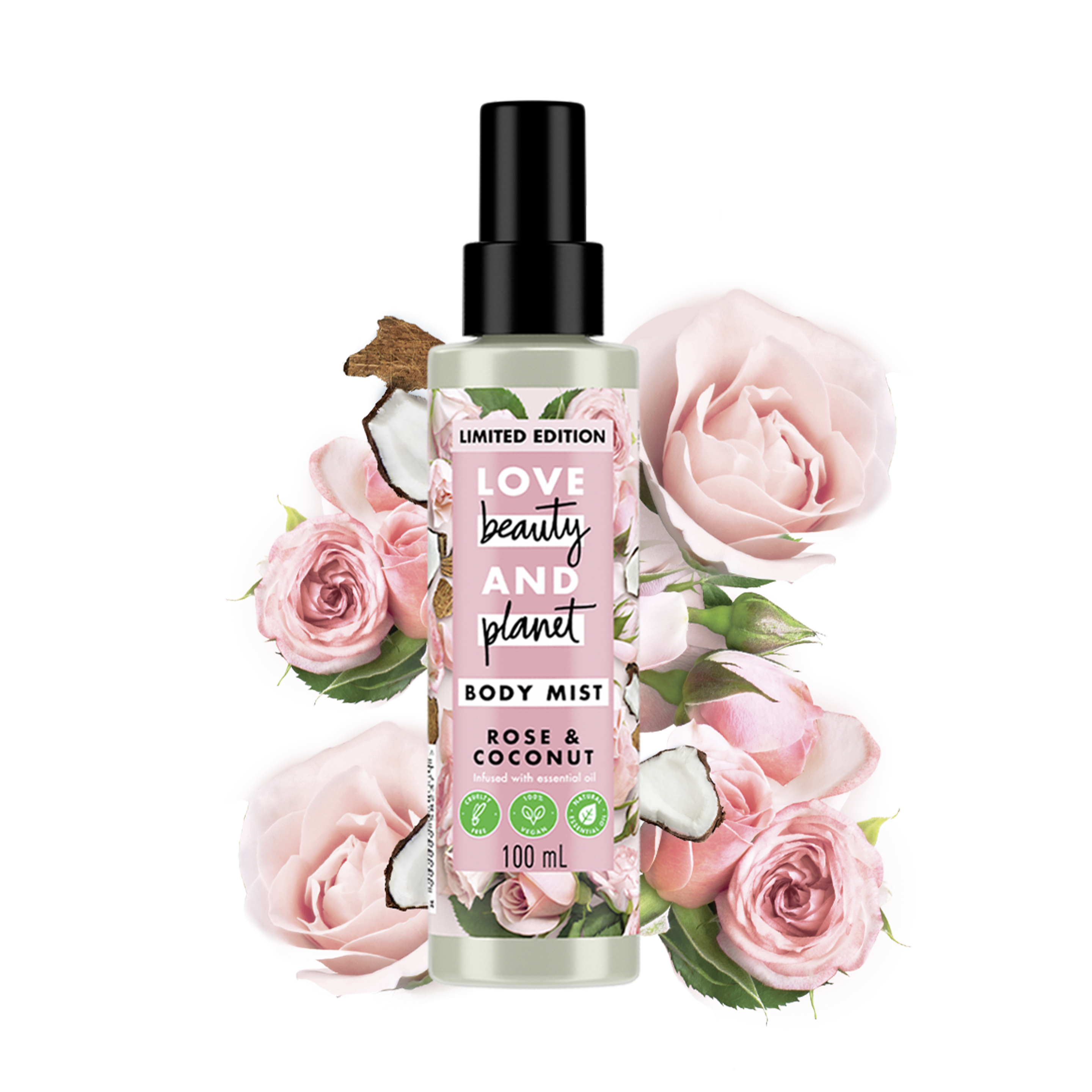 Rose & Coconut  Vegan Body Mist with Essential Oil Text