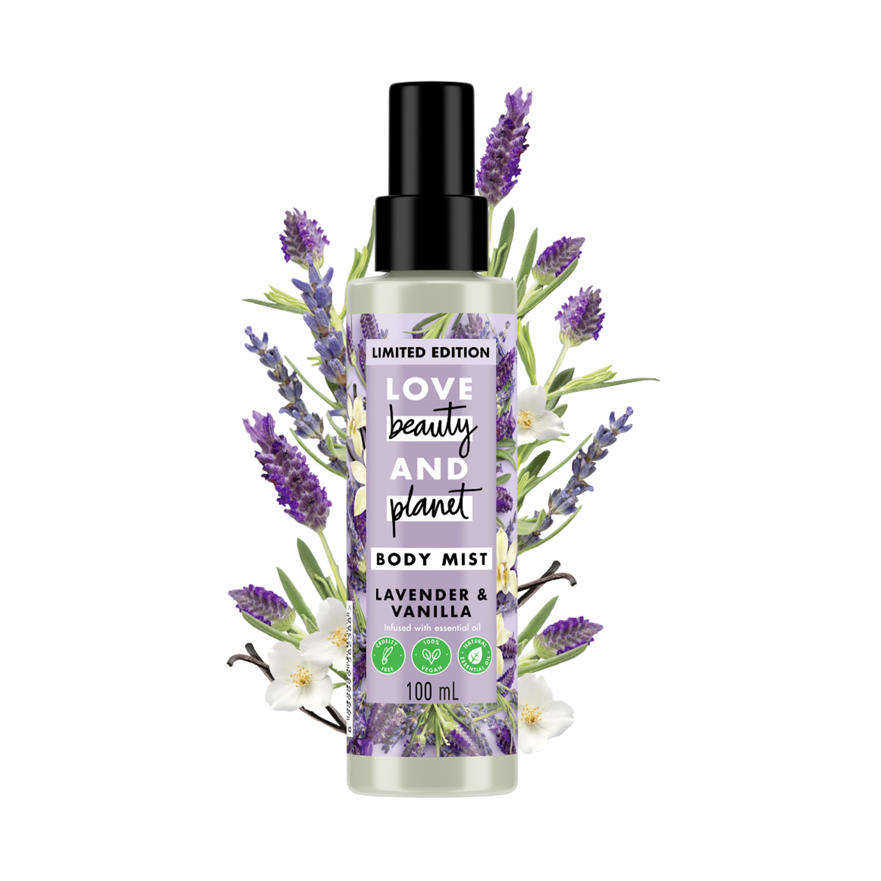 Lavender & Vanilla Vegan Body Mist with Essential Oil Text