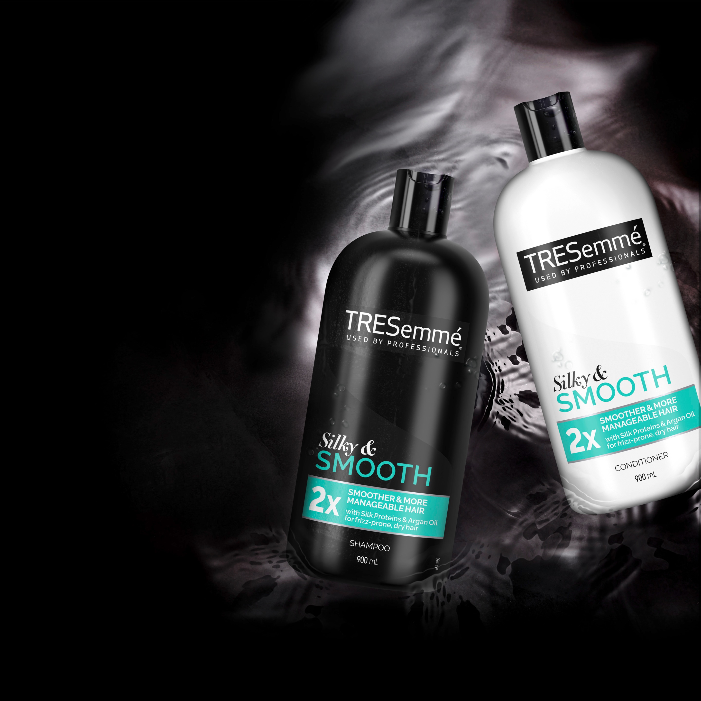 Product shot of TRESemmé Smooth & Silky shampoo and conditioner 
