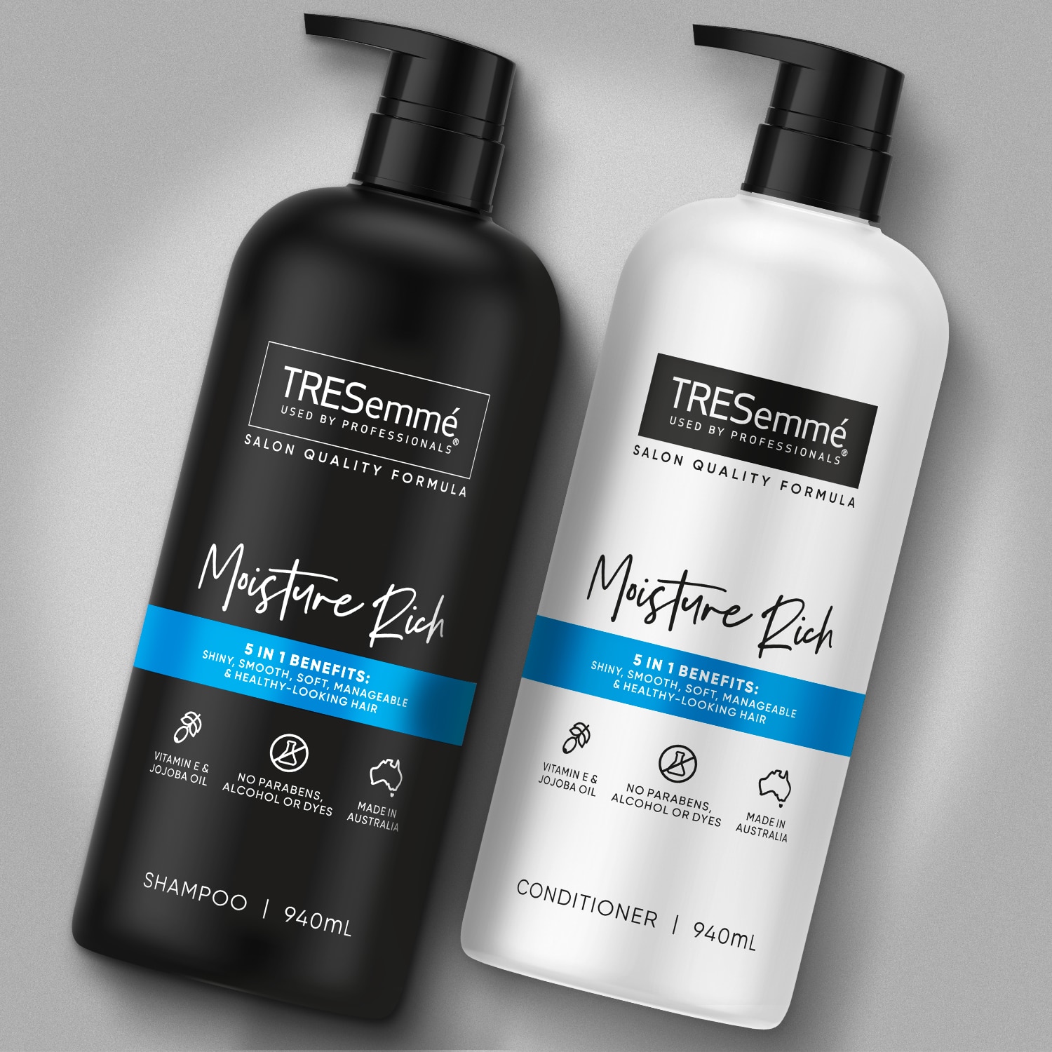 Product shot of TRESemmé Moisture Rich shampoo and conditioner