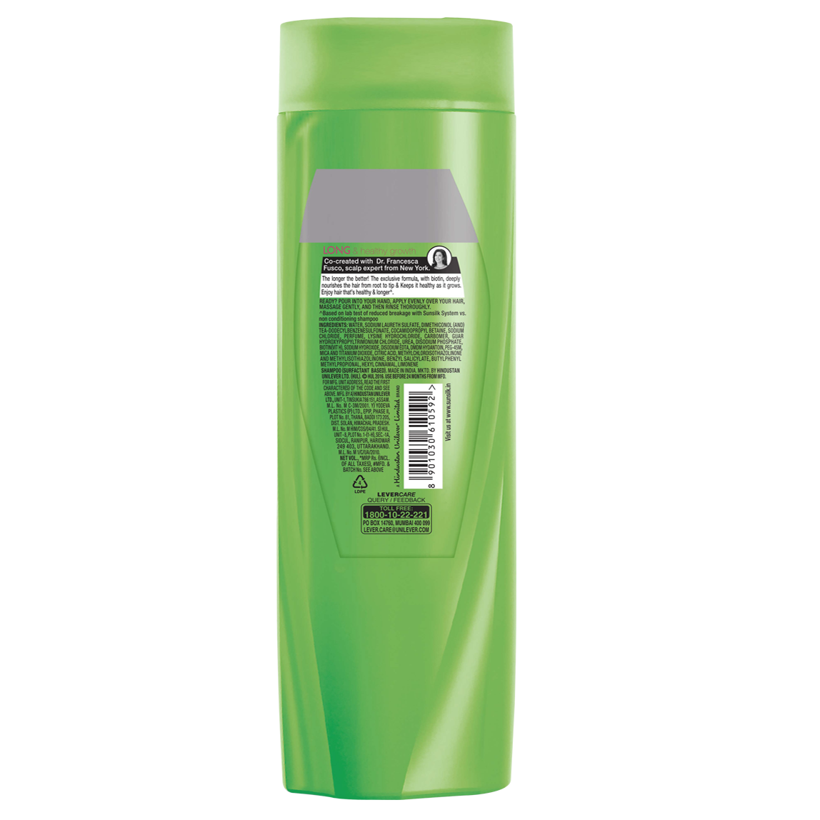 A bottle of Long And Healthy Growth Shampoo 180ml back of pack image