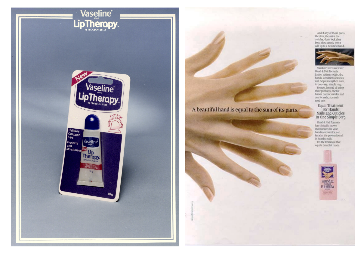 A vintage ad from 1980s of Vaseline's hand cream and lip balm
