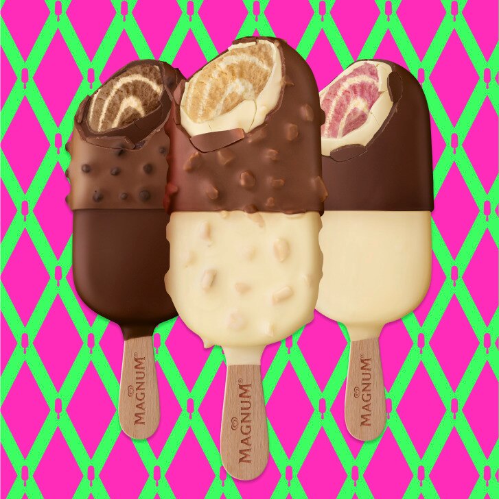 Trio of Magnum Remix ice creams on colourful geometric pattern by Seo Inji