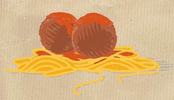two meatballs with pasta and ketchup