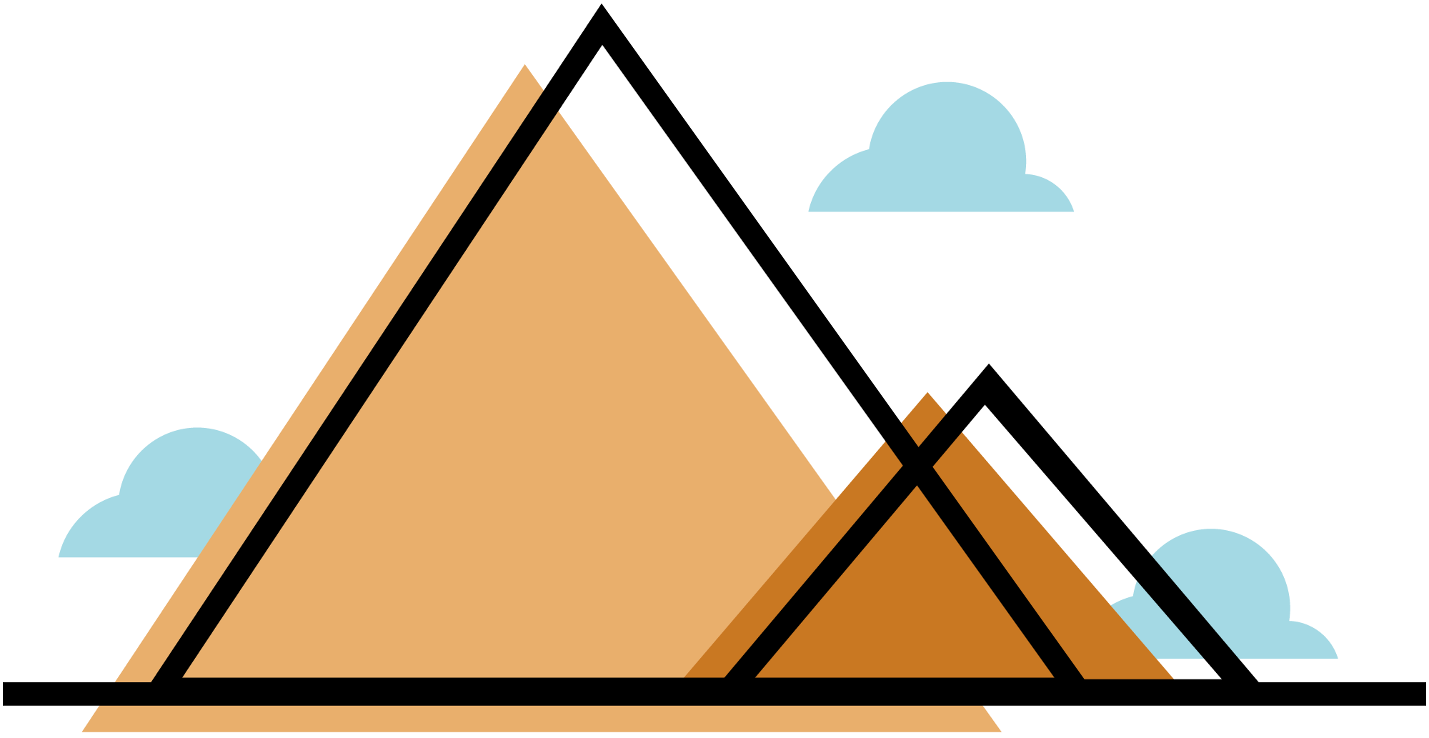 2D drawing of 2 mountains with clouds in the background