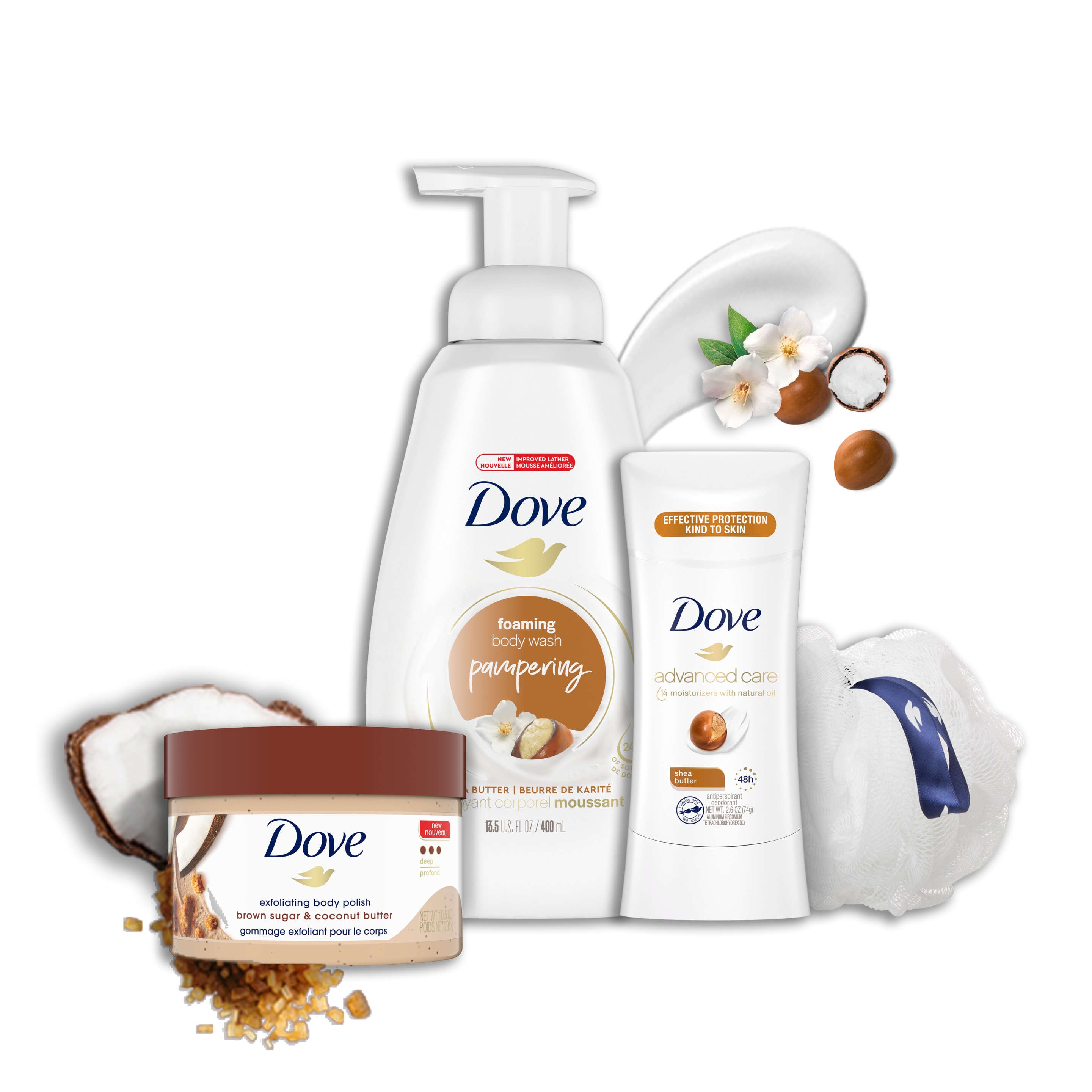 Exfoliating Body Polish and Foaming Body Wash and Antiperspirant Deodorant and Body Lotion sample and Body Pouf