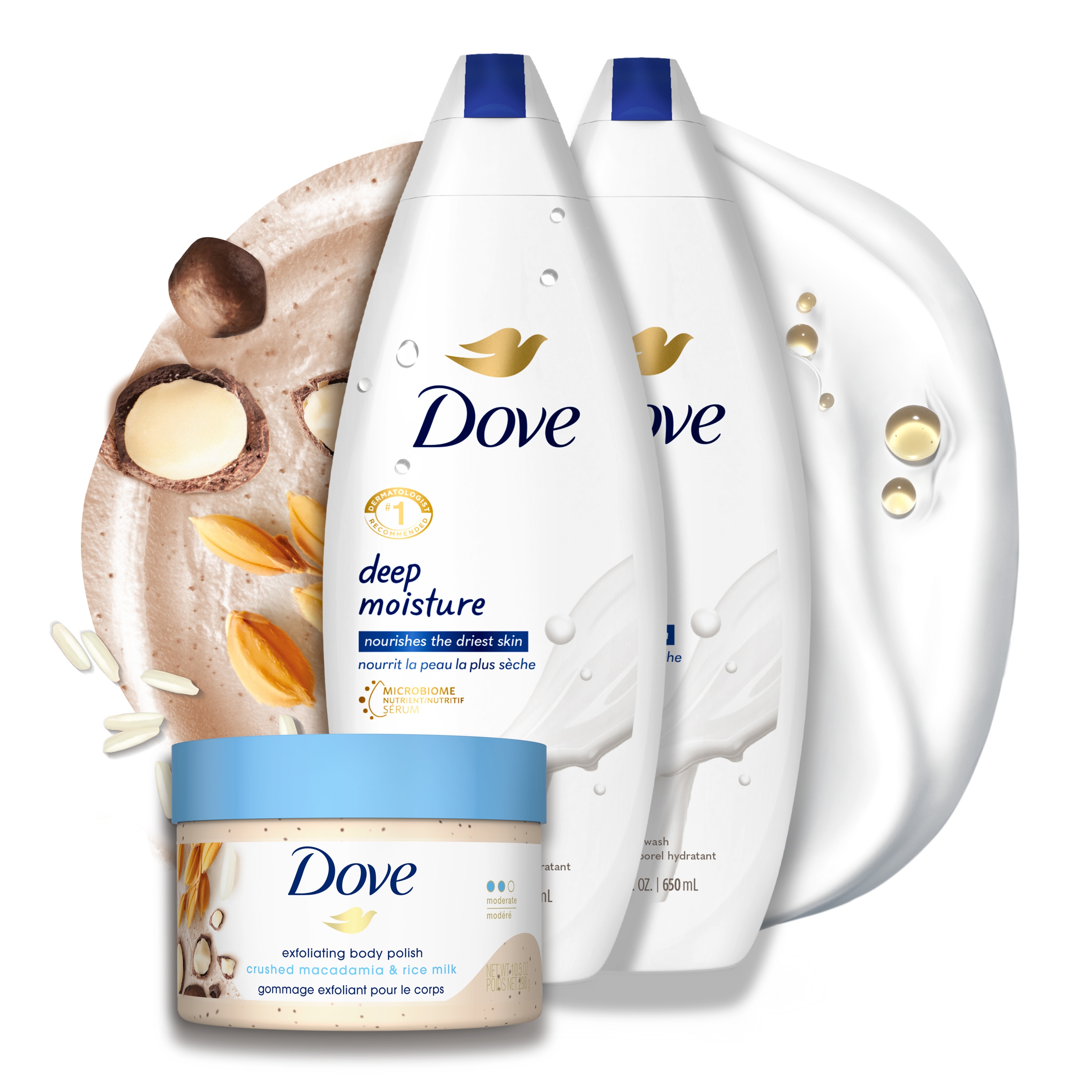 Dove Deep Moisture Body Wash and Crushed Macadamia & Rice Milk Body Polish