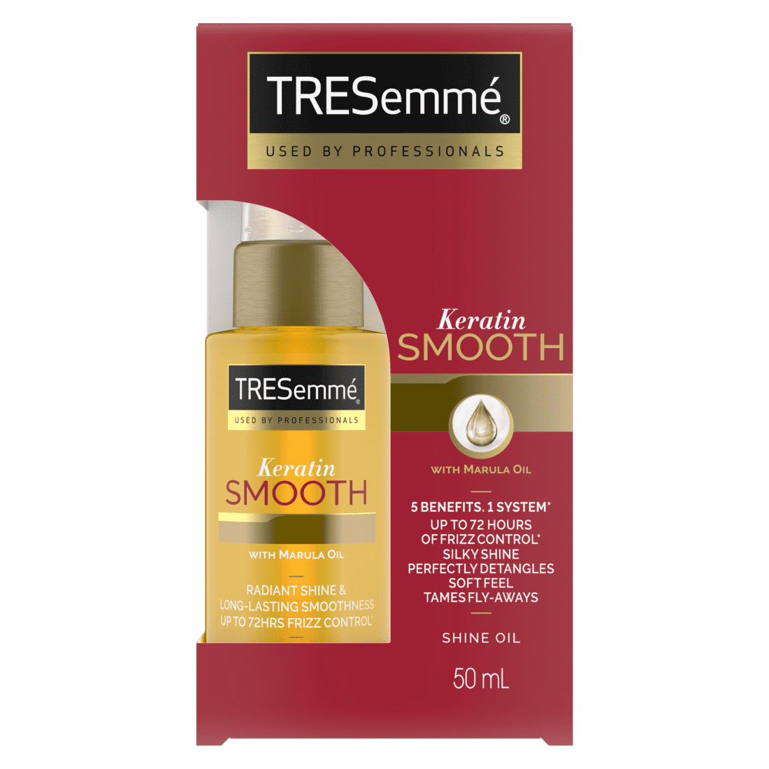 A 50ml bottle of TRESemmé Keratin Smooth Shine Oil front of pack image