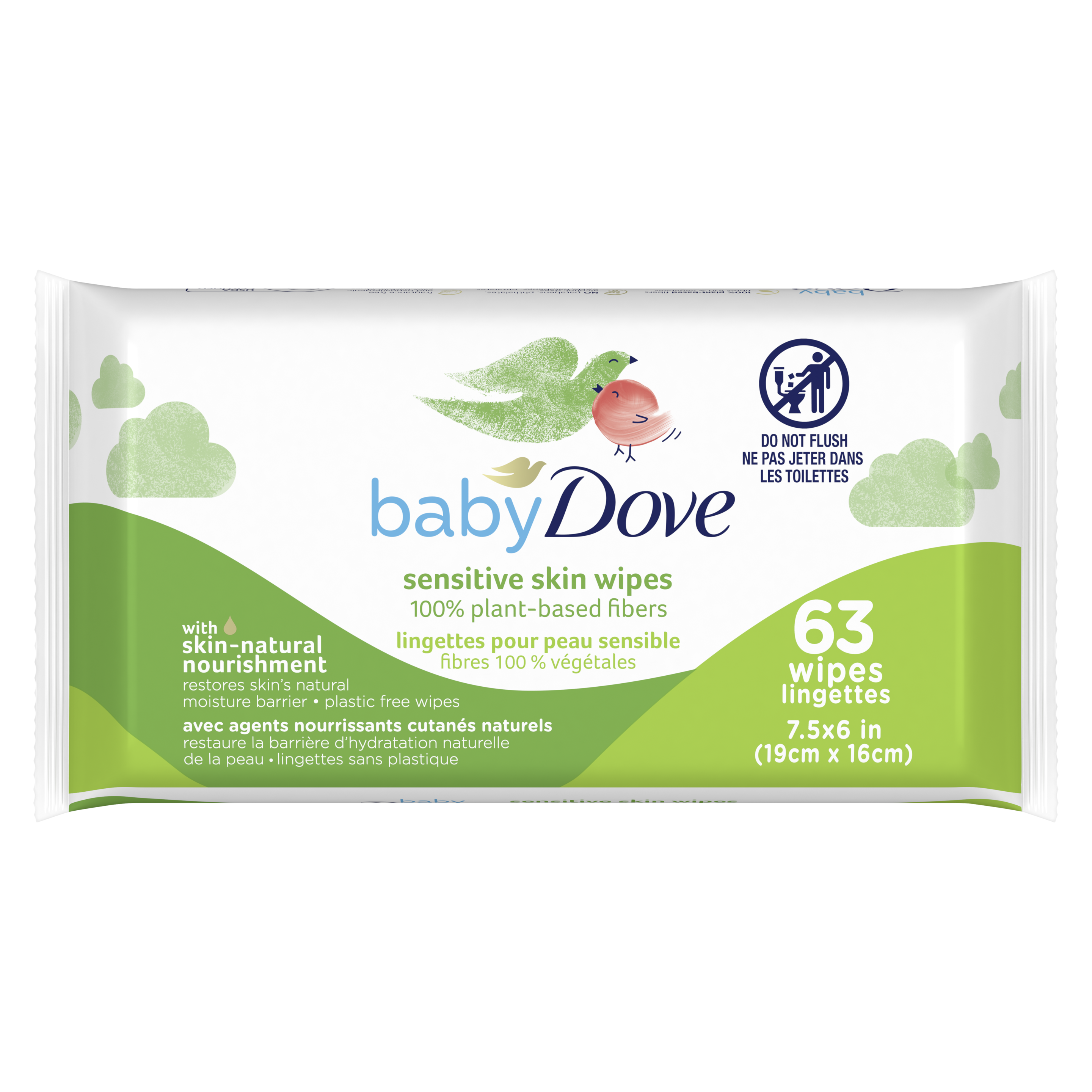 Lingettes de fibres 100 % végétales Baby Dove Peau sensible 63 lingettes étiquette de devant