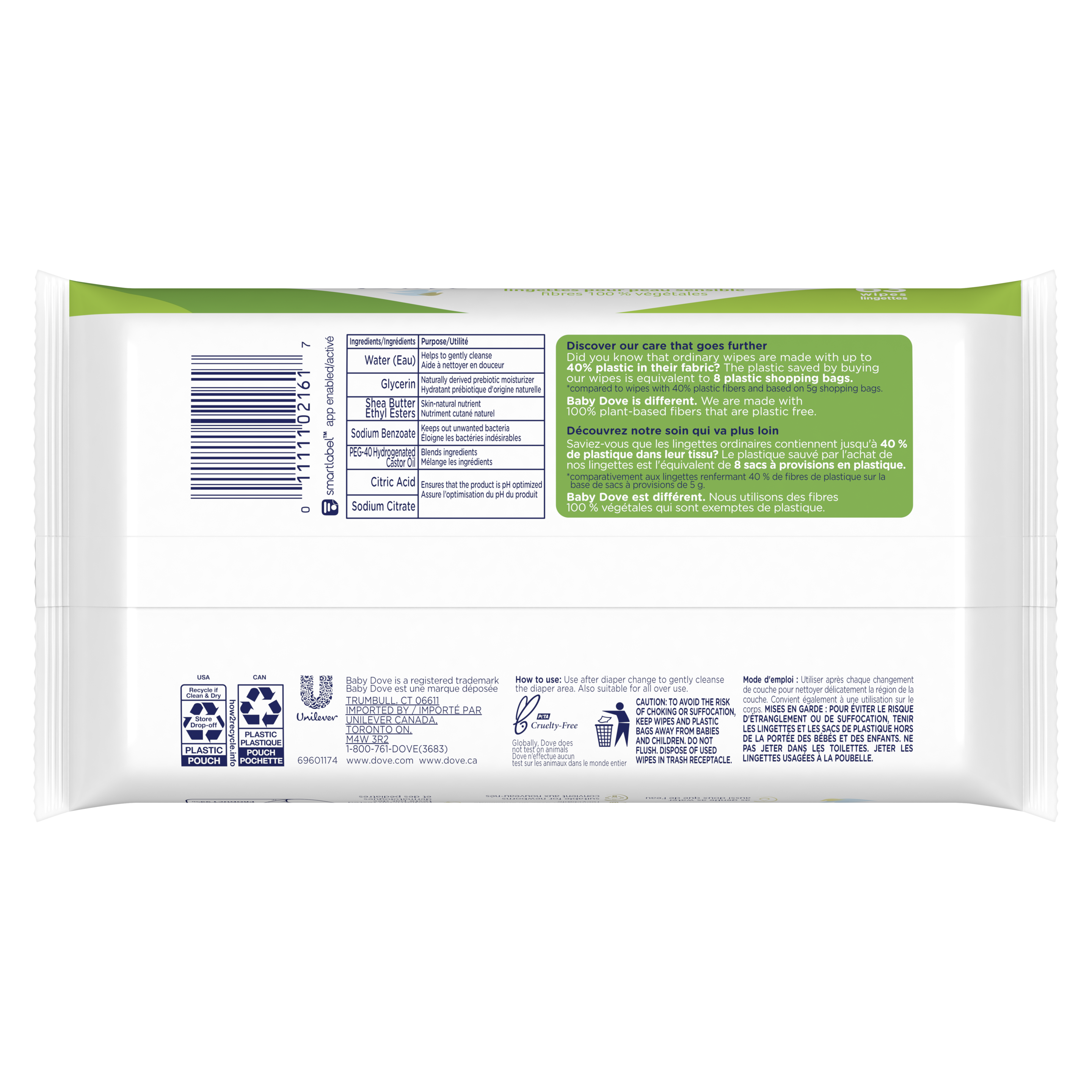 lingettes de fibres 100 % végétales Baby Dove Peau sensible 63 lingettes étiquette de dos