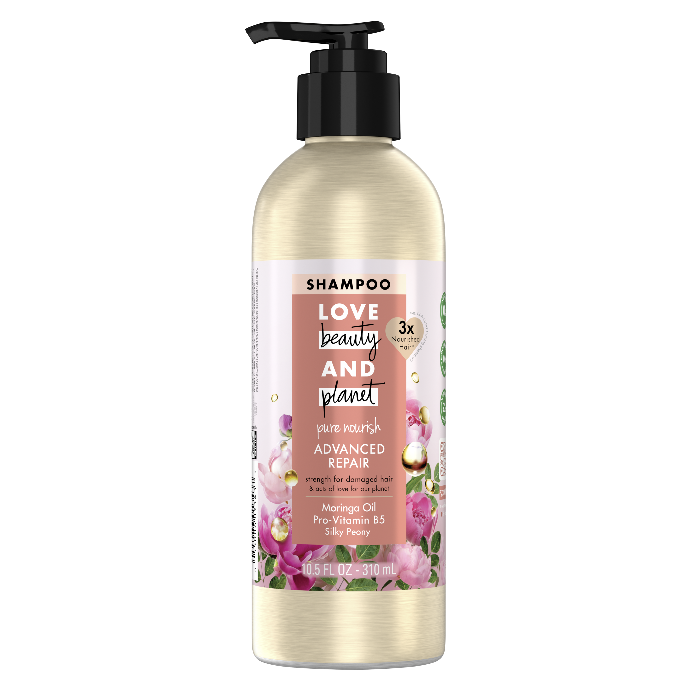 Front of shampoo pack Love Beauty Planet Sulfate Free Moringa Oil & Vitamin B5 Shampoo Advanced Repair 10.5oz
