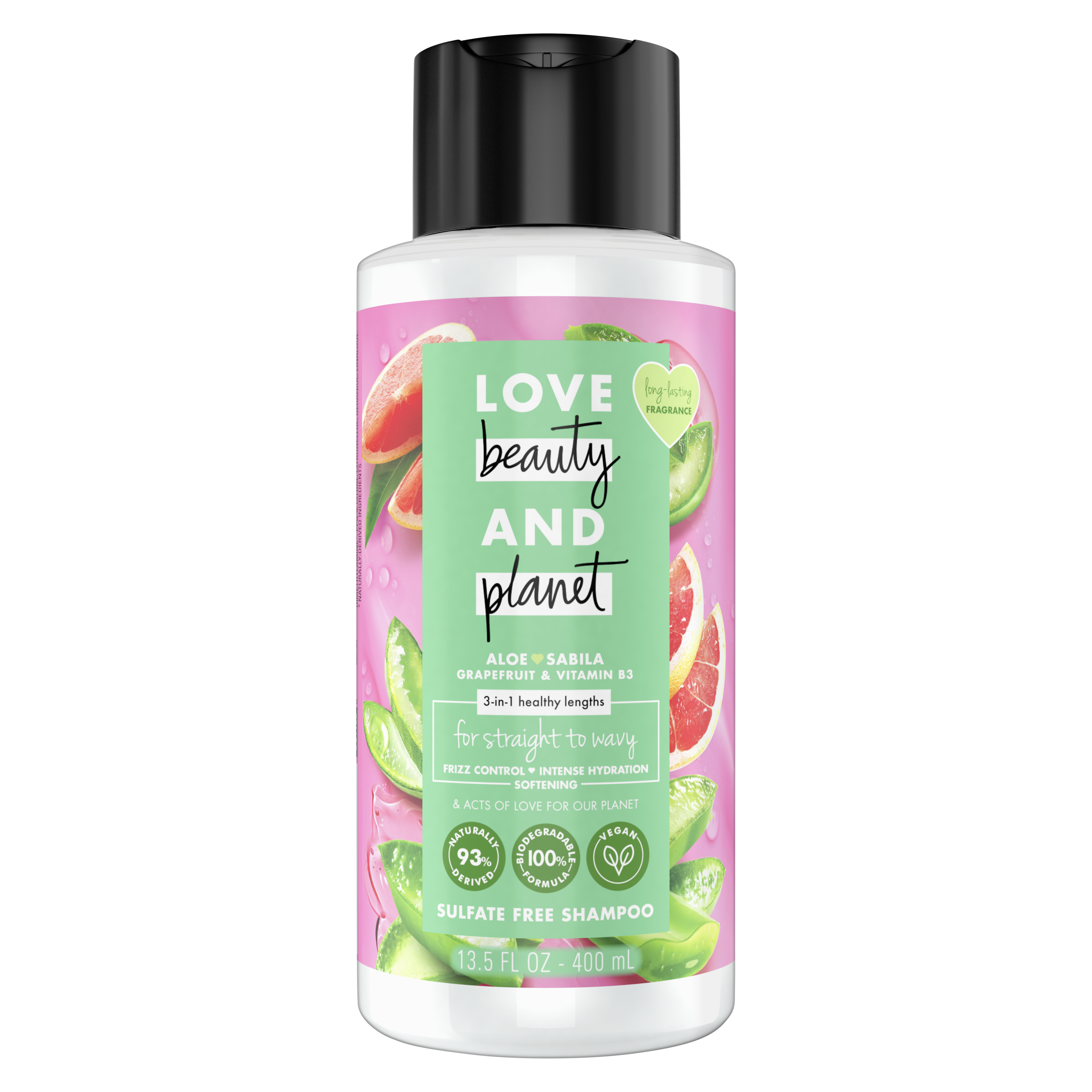 Front of shampoo pack Love Beauty Planet Sulfate Free Aloe & Grapefruit Shampoo Healthy Lengths 13.5oz