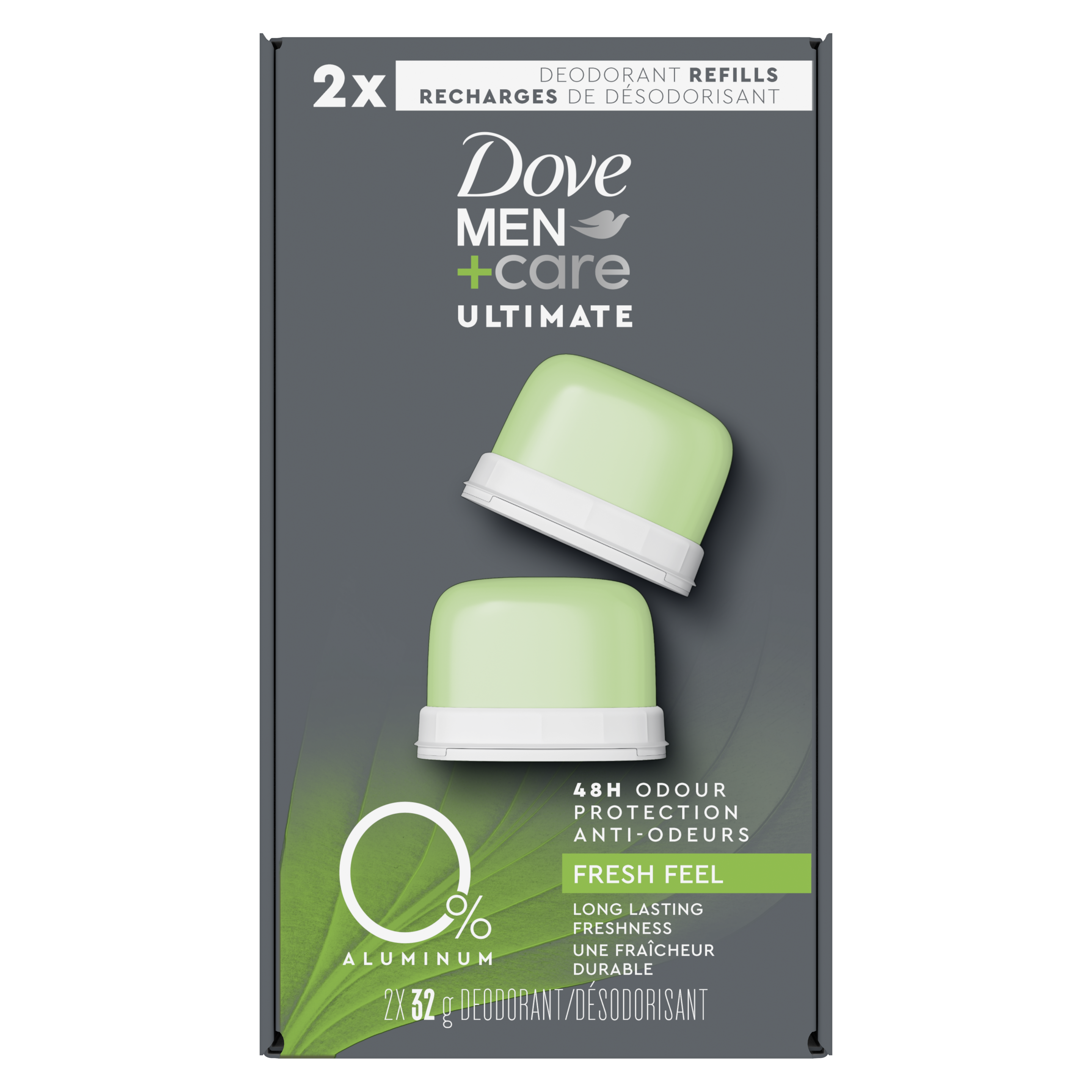 Dove Men+Care Stick Deodorant Refills 0% Aluminum Feel Fresh Refill Kit 2x32g