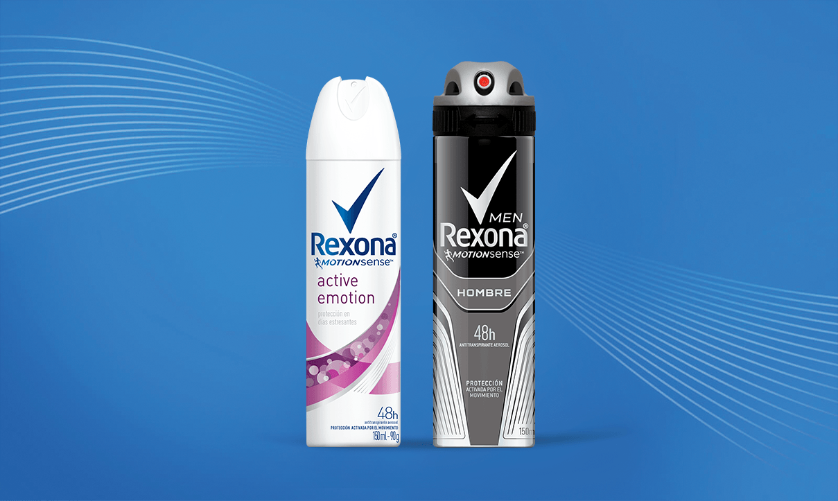 A Rexona bottle with its advanced deodorant protection against sweat and on a dark background.