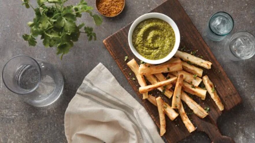 Baked Yuca Fries with Creamy Cilantro-Mint Sauce