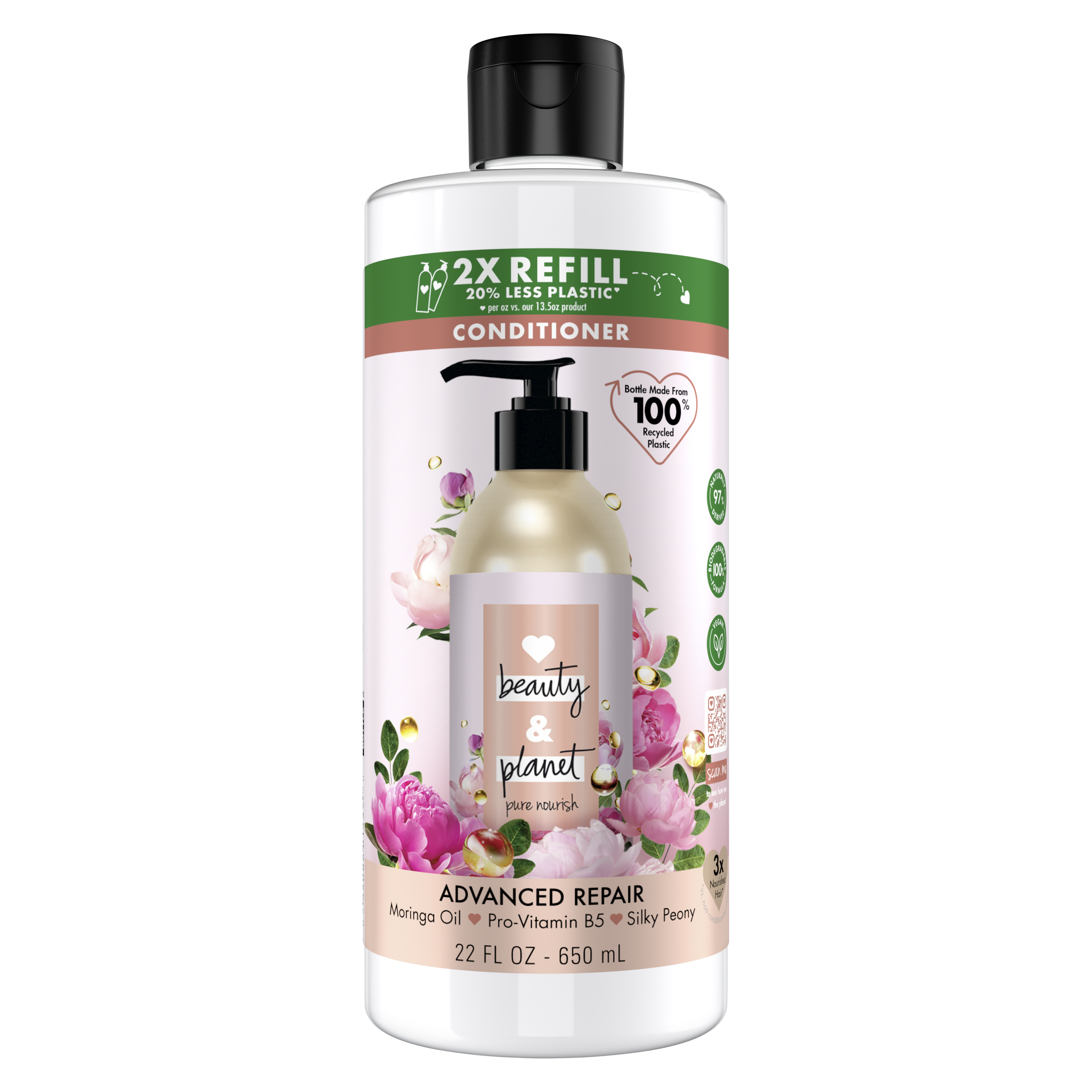Front of conditioner pack Love Beauty Planet  Moringa Oil & Vitamin B5 Shampoo Advanced Repair 22oz