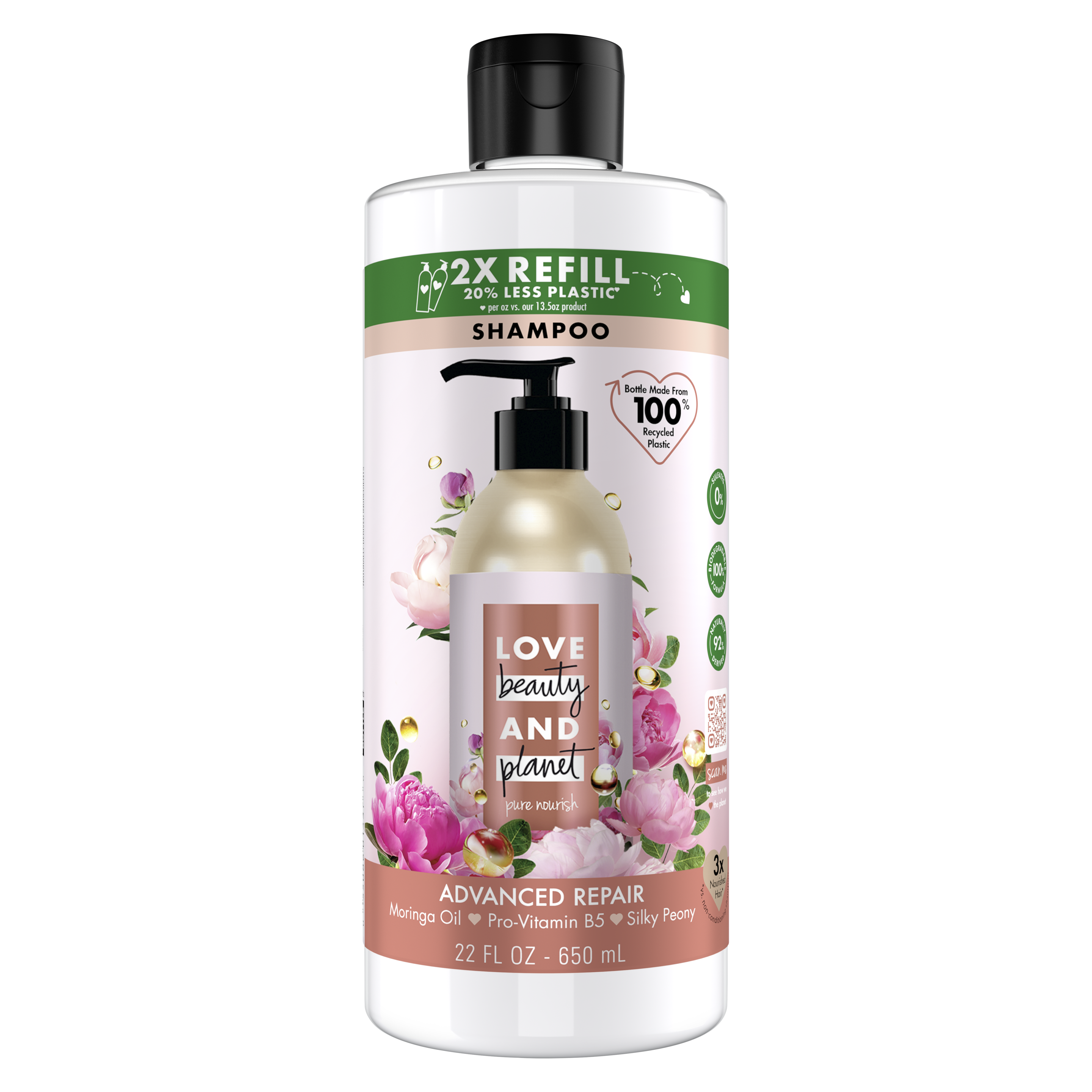 Front of shampoo pack Love Beauty Planet Sulfate Free Moringa Oil & Vitamin B5 Shampoo Advanced Repair Refill 22oz