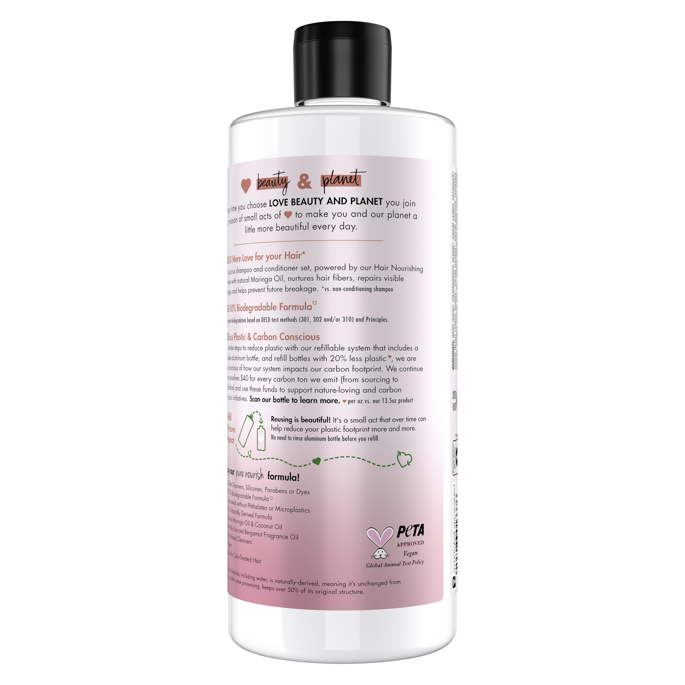 Back of shampoo pack Love Beauty Planet Sulfate Free Moringa Oil & Vitamin B5 Shampoo Advanced Repair Refill 22oz