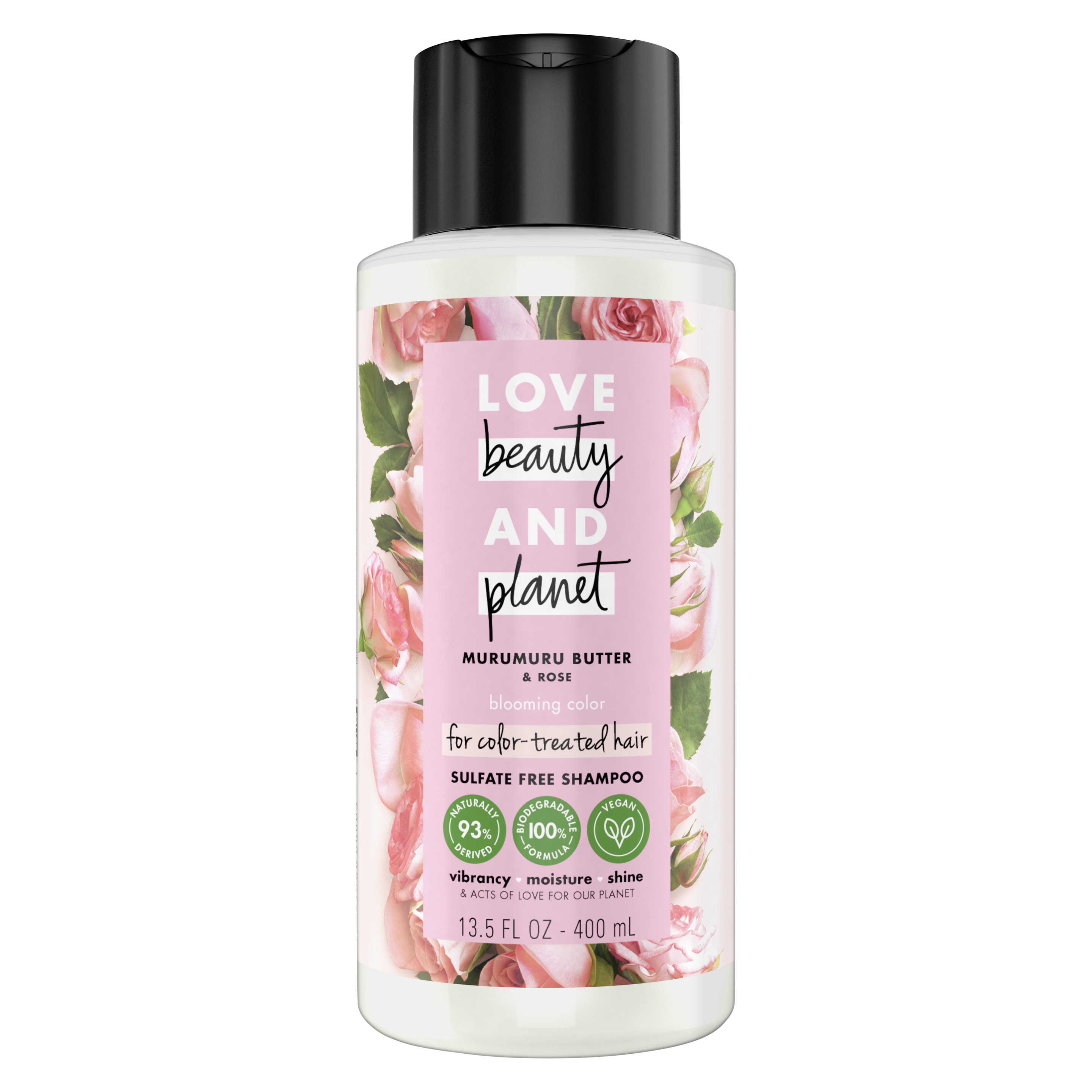Front of shampoo pack Allure Best in Beauty 2018 Love Beauty Planet Murumuru Butter & Rose Oil Shampoo Blooming Color 13.5oz