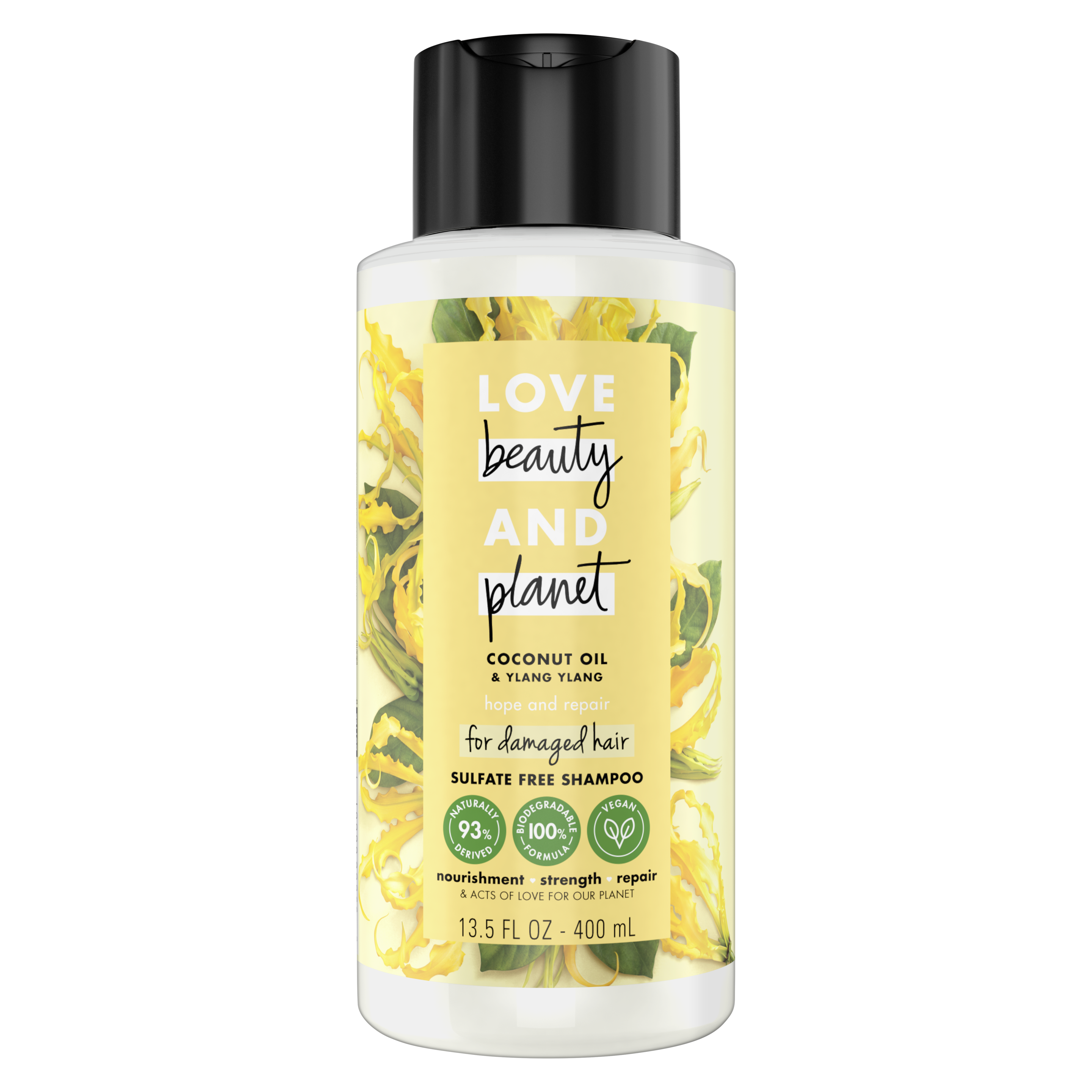 Front of shampoo pack Love Beauty Planet Sulfate Free Coconut Oil & Ylang Ylang Shampoo Hope and Repair 13.5oz with Top Rated icon
