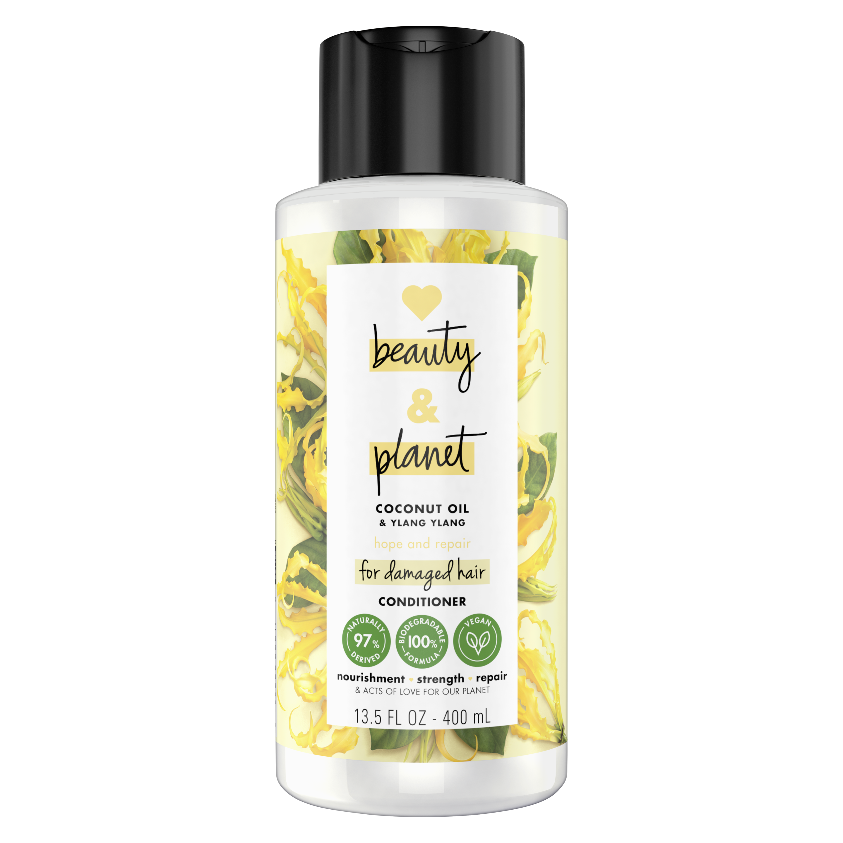 Front of conditioner pack Love Beauty Planet Coconut Oil & Ylang Ylang Conditioner Hope and Repair 13.5oz with Top Rated Icon
