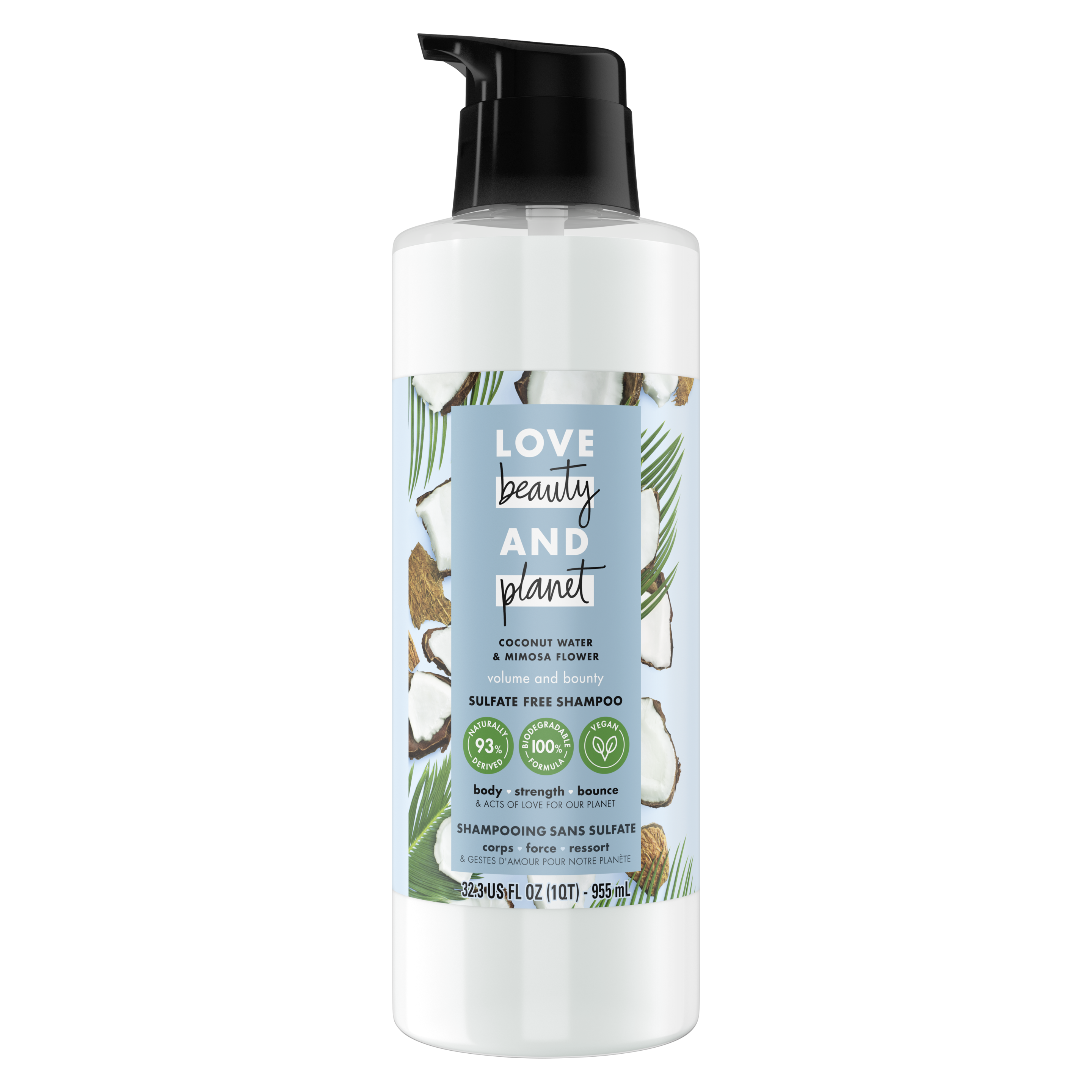Front of shampoo pack Love Beauty Planet Sulfate Free Coconut Water & Mimosa Flower Shampoo Volume & Bounty 32.3oz