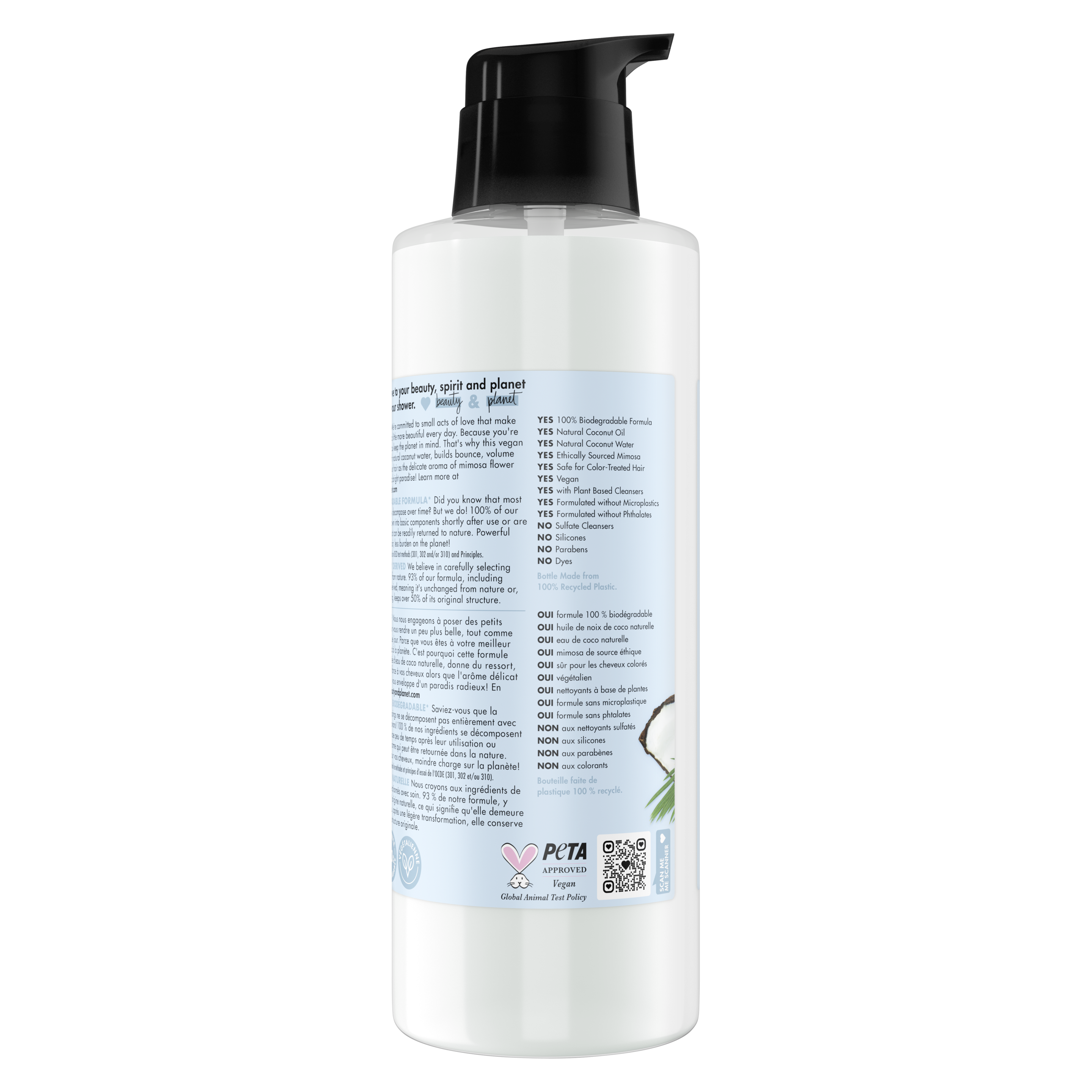 Back of shampoo pack Love Beauty Planet Sulfate Free Coconut Water & Mimosa Flower Shampoo Volume & Bounty 32.3oz